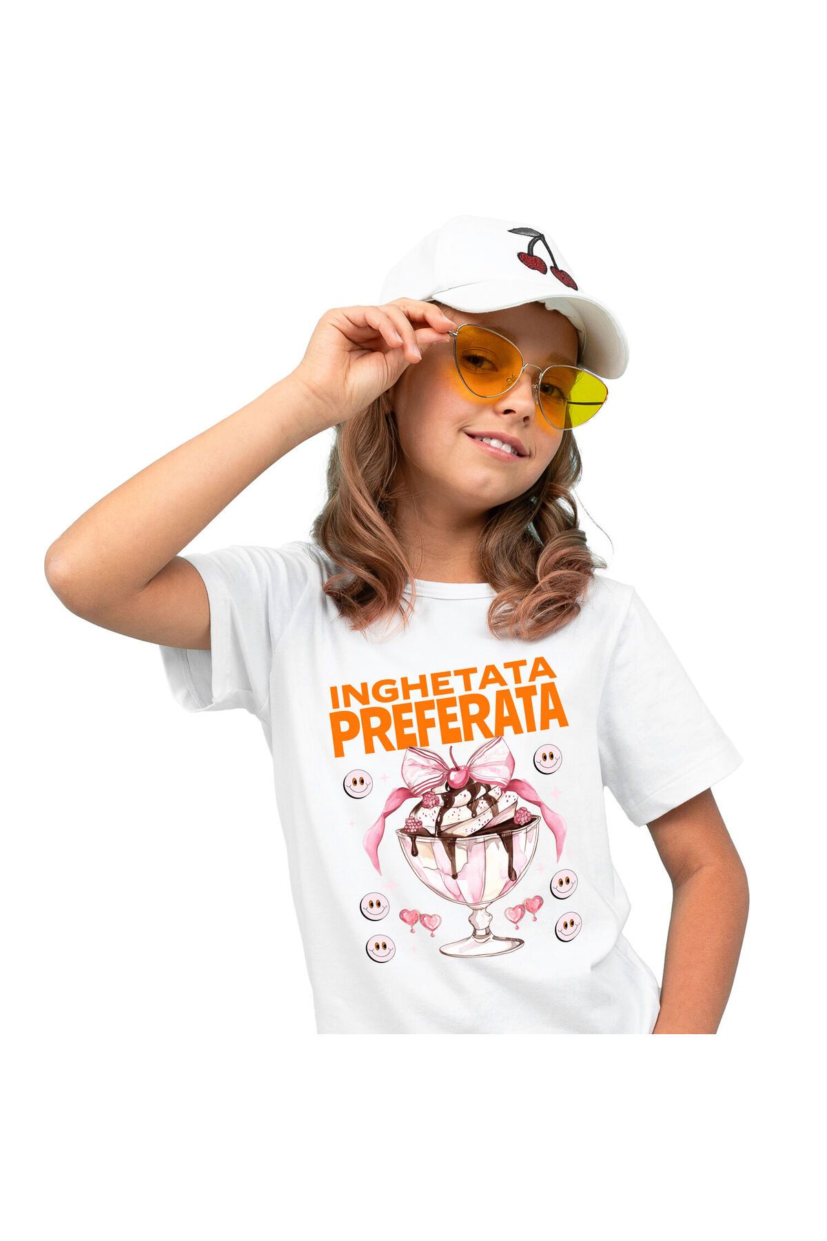 StoryGift Romania Tricou Copii Cu Inghetata In Pahar Cu Picior Elegant Funda Roz Si Cireasa Smiley,white_6ani Unisex - 9–10 years