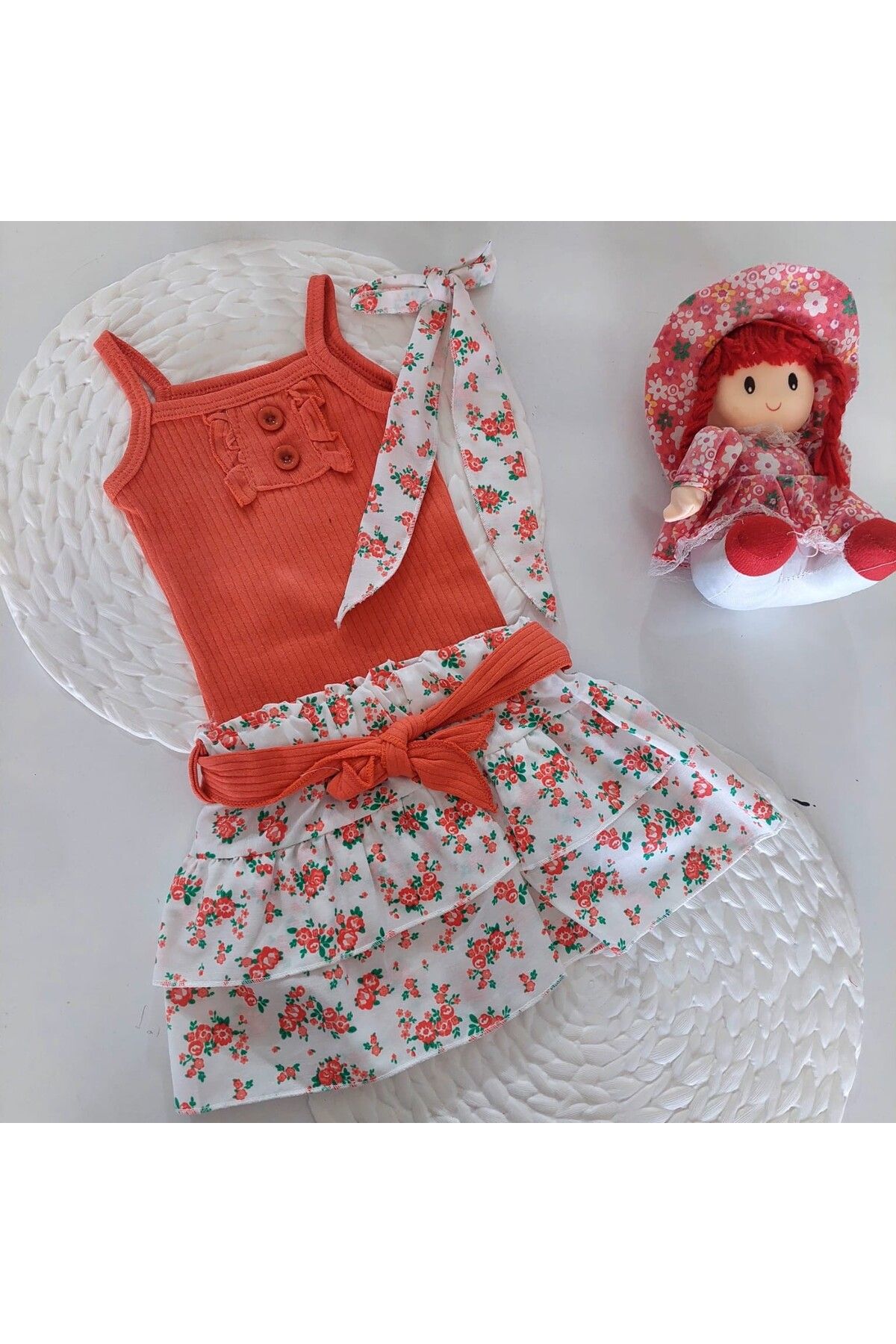 shop TURUNCU ÇİÇEKLİ TOKALI KIZ BEBEK ELBİSE