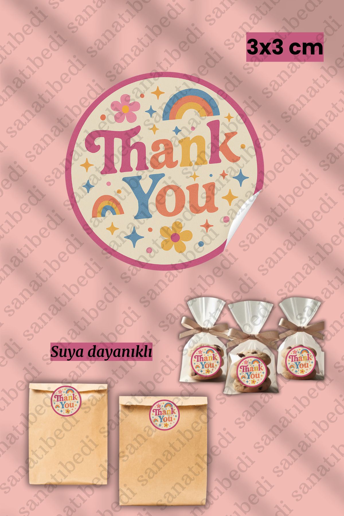 sanatıbedi 50 Adet Thank You Teşekkürler Stcker Kargo Ambalaj Paketleme için Suya Dayanıklı Etiketi 3x3 cm