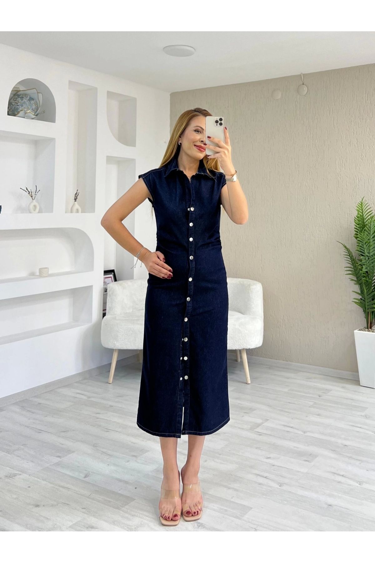İrka Moda Düğmeli Kot Elbise Koyu Mavi