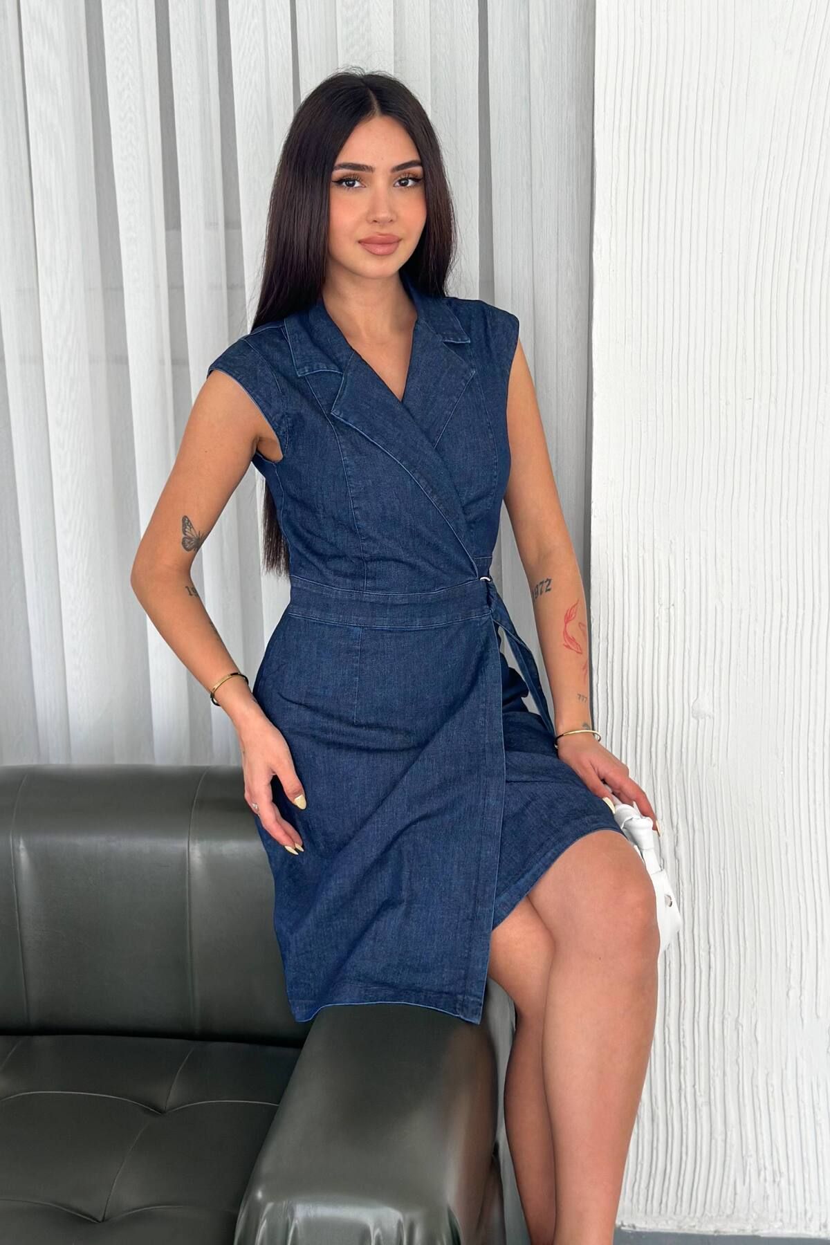 ZISHAN Kemer Detaylı Kruvaze Yaka Kolsuz Denim Elbise 041