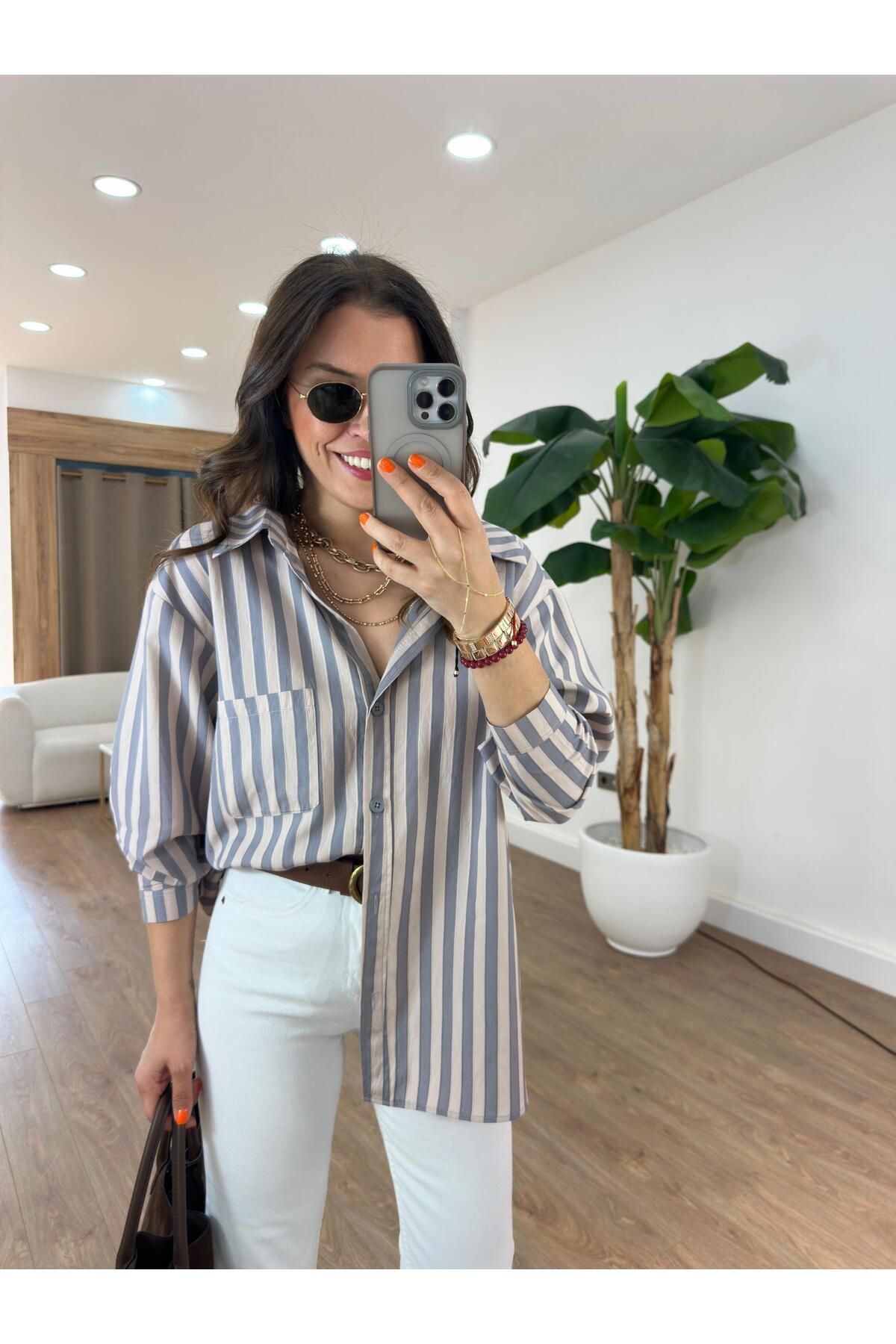 2she Çizgili Oversize Gömlek - Füme