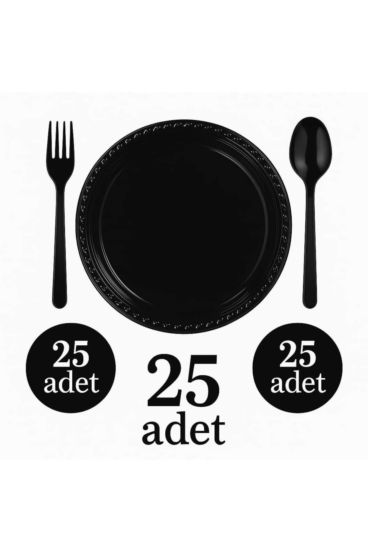 BAKOM AMBALAJ Siyah Lüks Plastik Çatal Kaşık Tabak Seti – 25’şer Adet | Dayanıklı Piknik ve Parti Sunum Seti