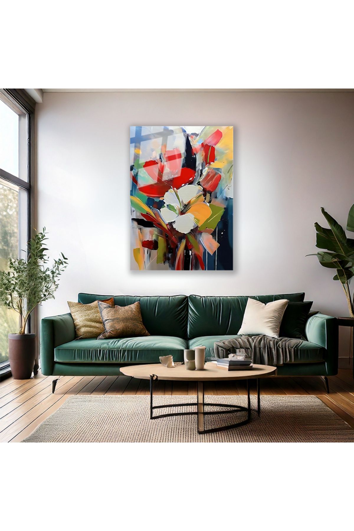 Artarilion Cam Duvar Tablosu Soyut Çiçekler Yağlı Boya Görünümlü Dijital Baskı Salon Tablosu Modern Tablo
