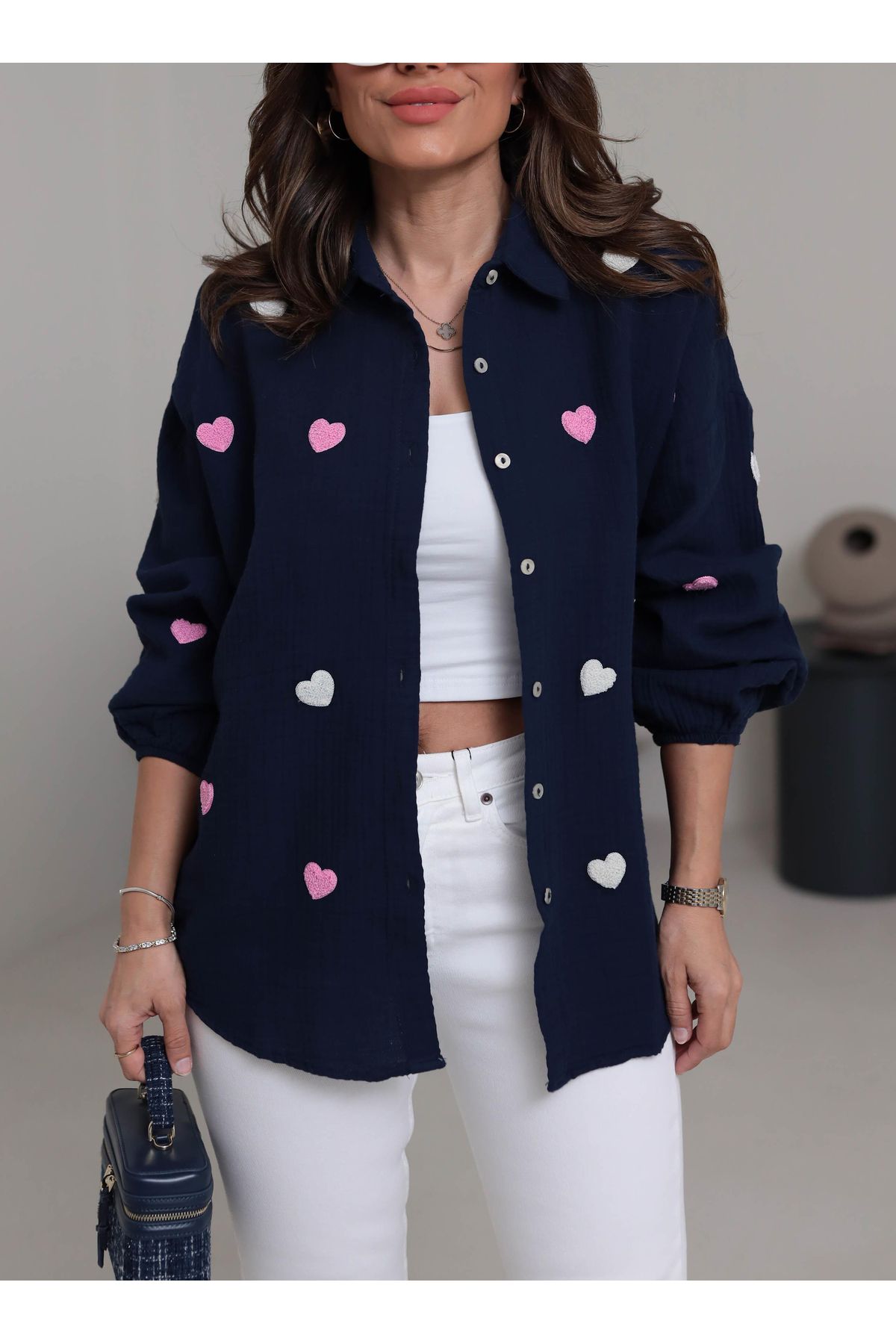 studio fashion 1988 Kadın Pembe Kalpli Kol Lastikli Premium %100 Müslin Kumaş Gömlek
