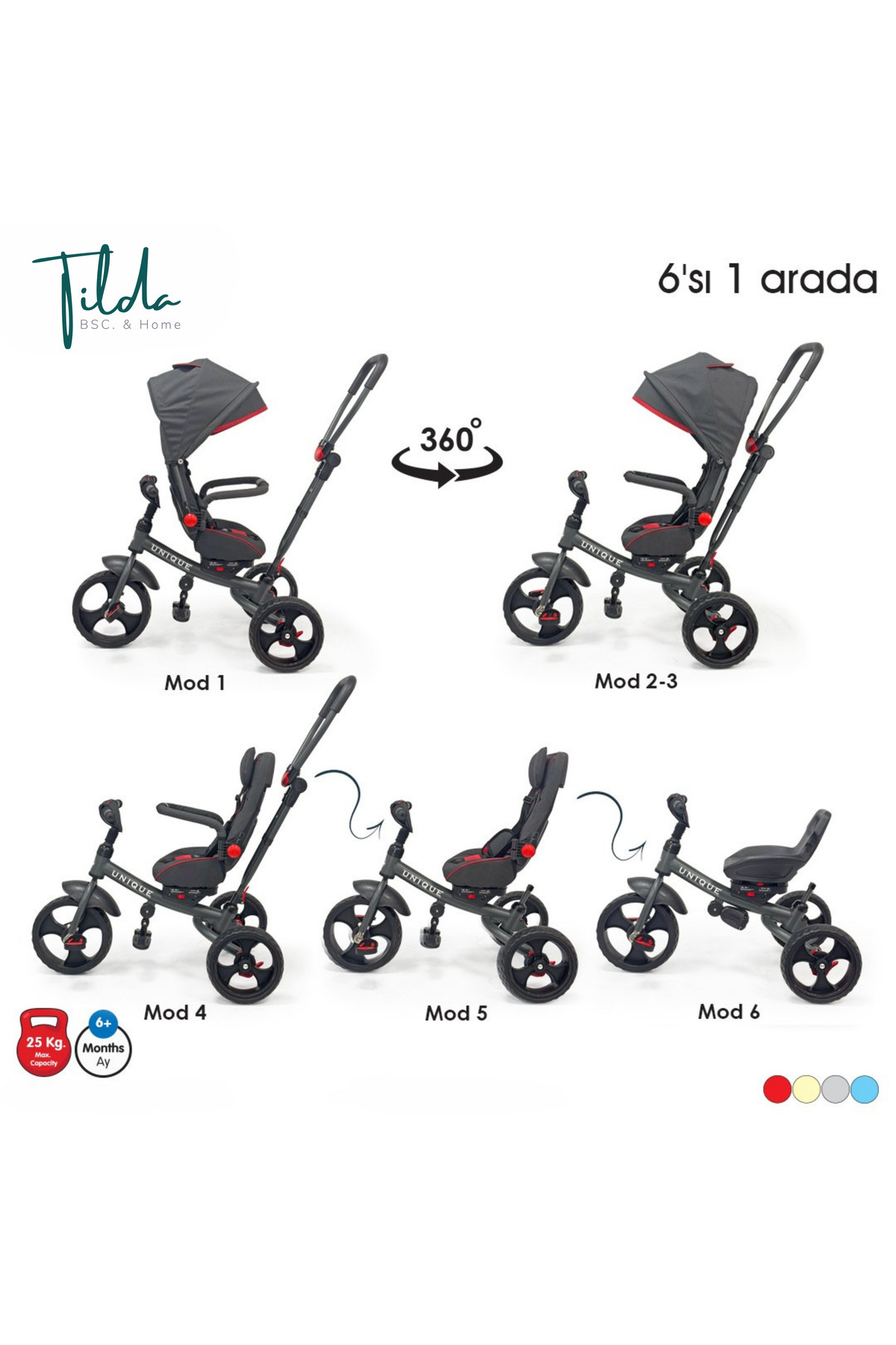 Tilda BSC. & Home Ebeveyn Kontrollü Tenteli Tricycle Üç Teker Bisiklet - UNIQUE 1 Çok Fonksiyonlu Çocuk Bisikleti