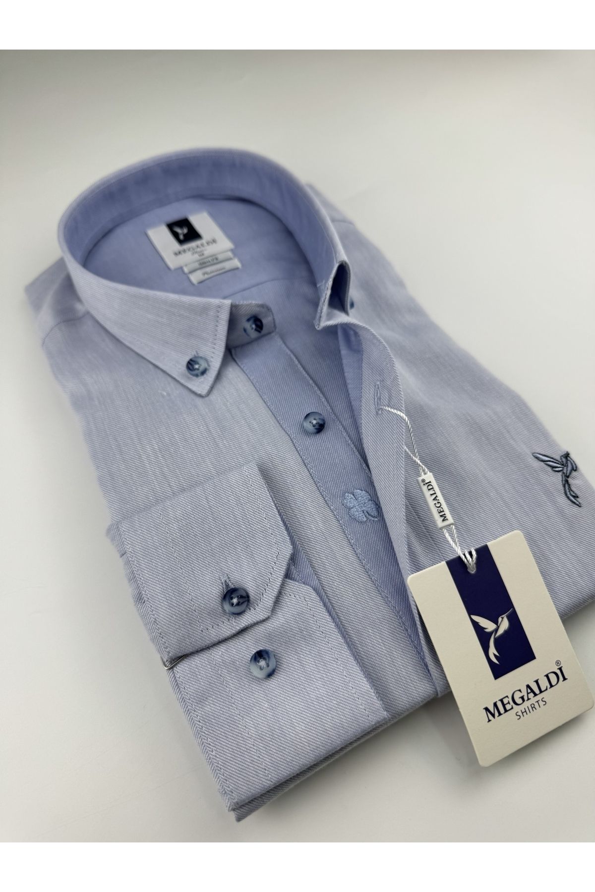 MEGALDİ Erkek Slim Fit Kesim Tansel Mavi Uzun Kollu Gömlek