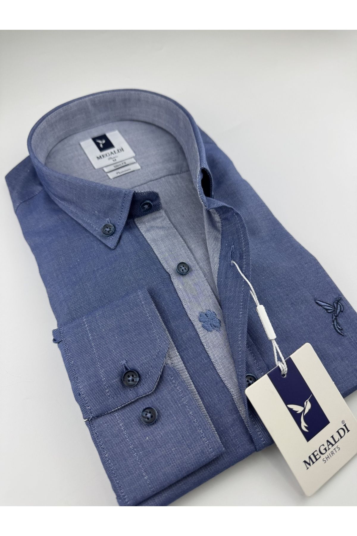 MEGALDİ Erkek Slim Fit Kesim Tansel Koyu Mavi Uzun Kollu Gömlek