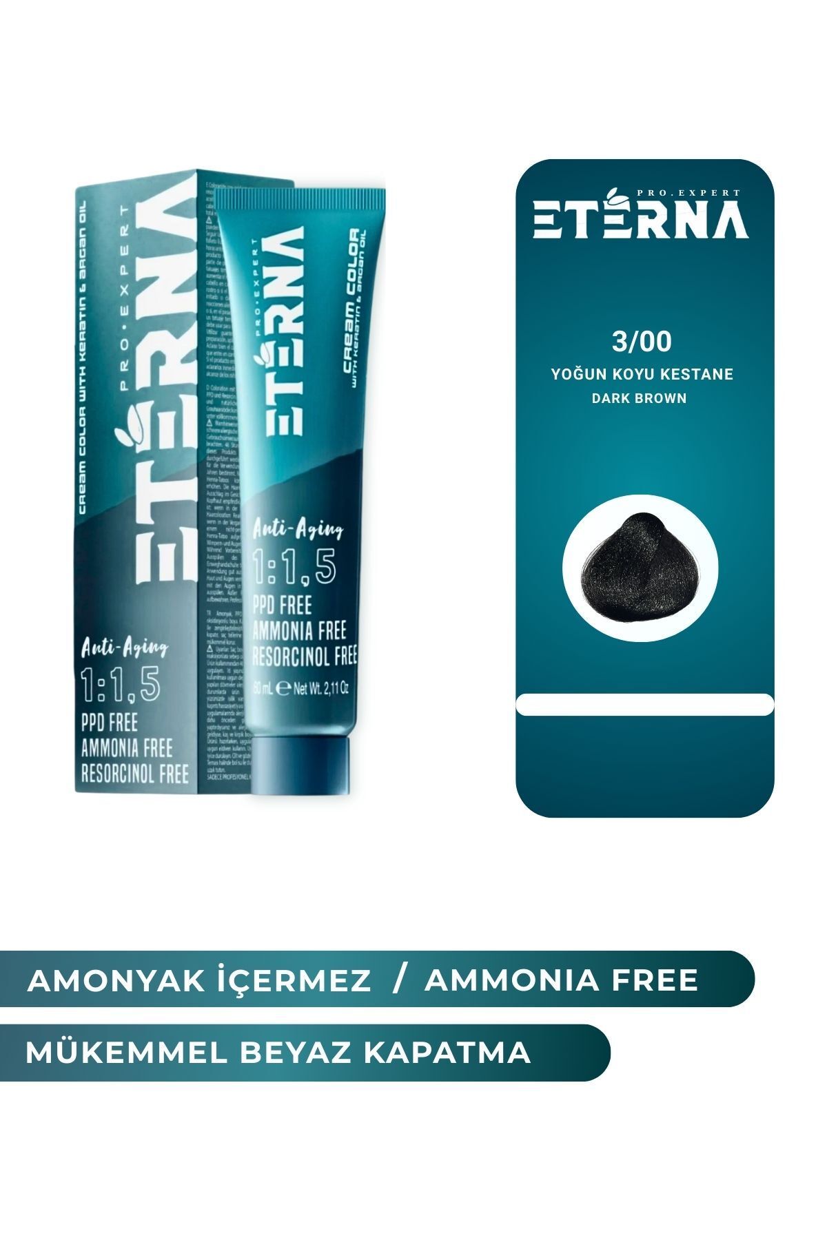 ETERNA Amonyaksız Organik İçerikli Saç Boyası 60 ml 3/00 Yoğun Koyu Kestane ve 90 ml Eterna Oksidan