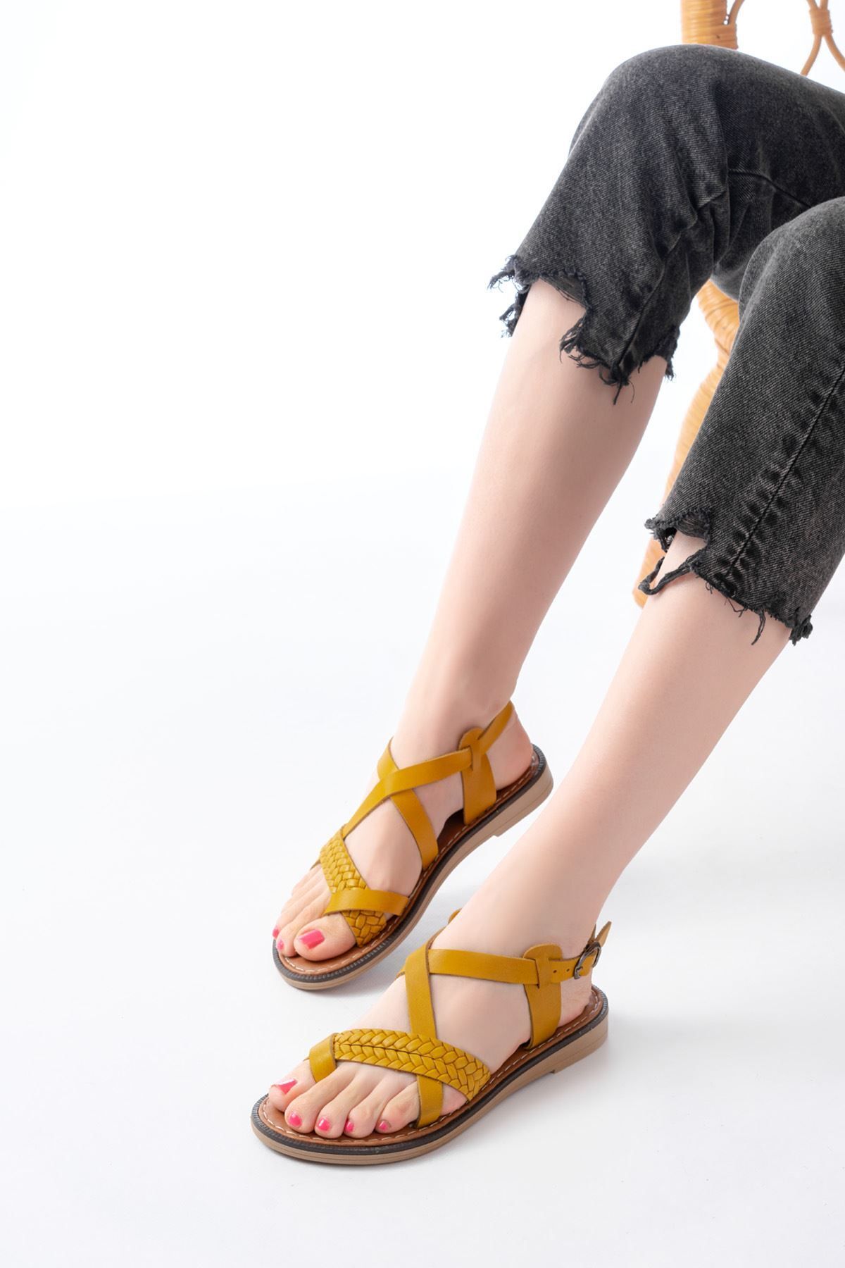 infon shoes creation 205-09 Hardal Ortopedik Hakiki Deri Kadın Sandalet