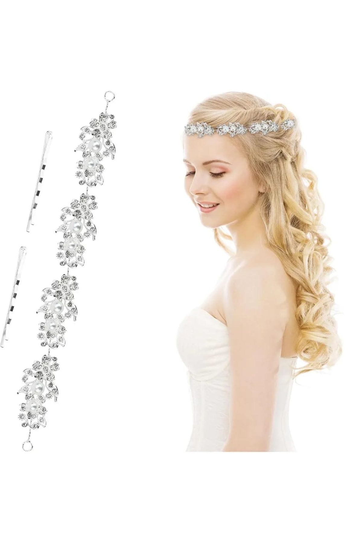 animis beauty Accesoriu Par Pentru Mireasa, Tip Bijuterie, Agrafa Din Fire Delicate, Flori Cu Perle, Argintiu Femeie - One Size