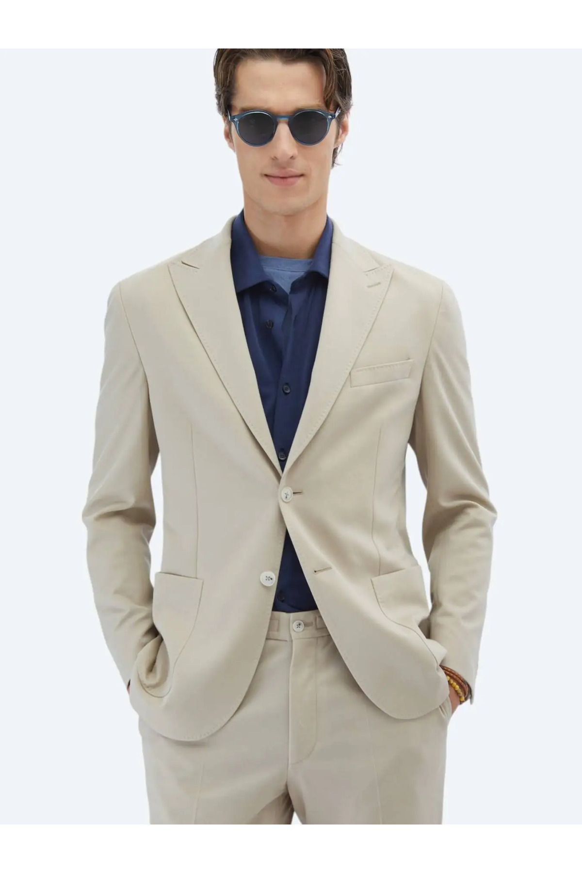 Kip Bej Düz Modern Fit %100 Pamuk Torba Cep Kruvaze Yaka Örme Takım Elbise