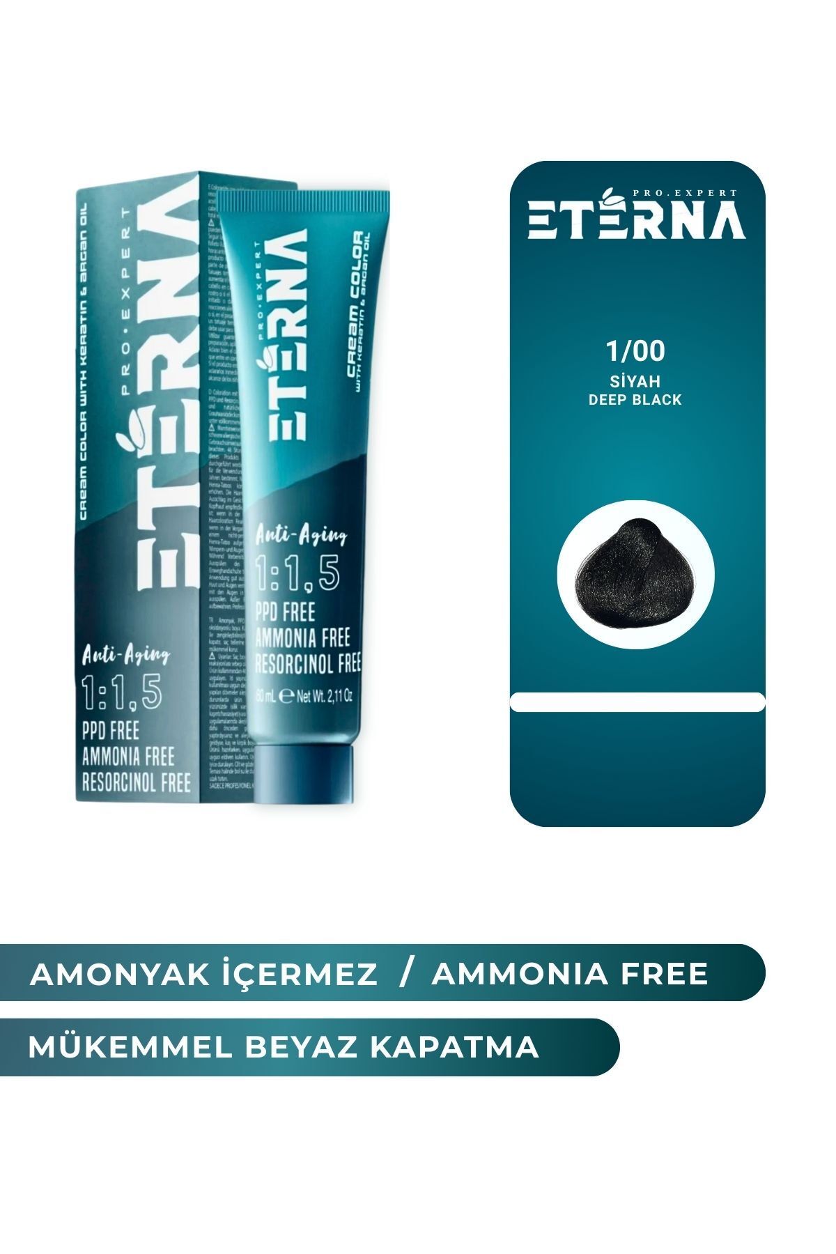 ETERNA Amonyaksız Organik İçerikli Saç Boyası 60 ml 1/00 Siyah ve 90 ml Eterna Oksidan