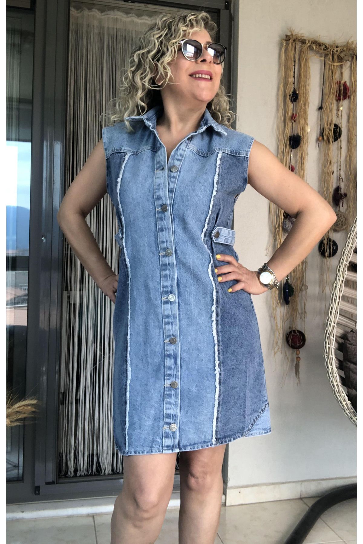 Dila Butik Çift Renk Apoletli Kot Elbise