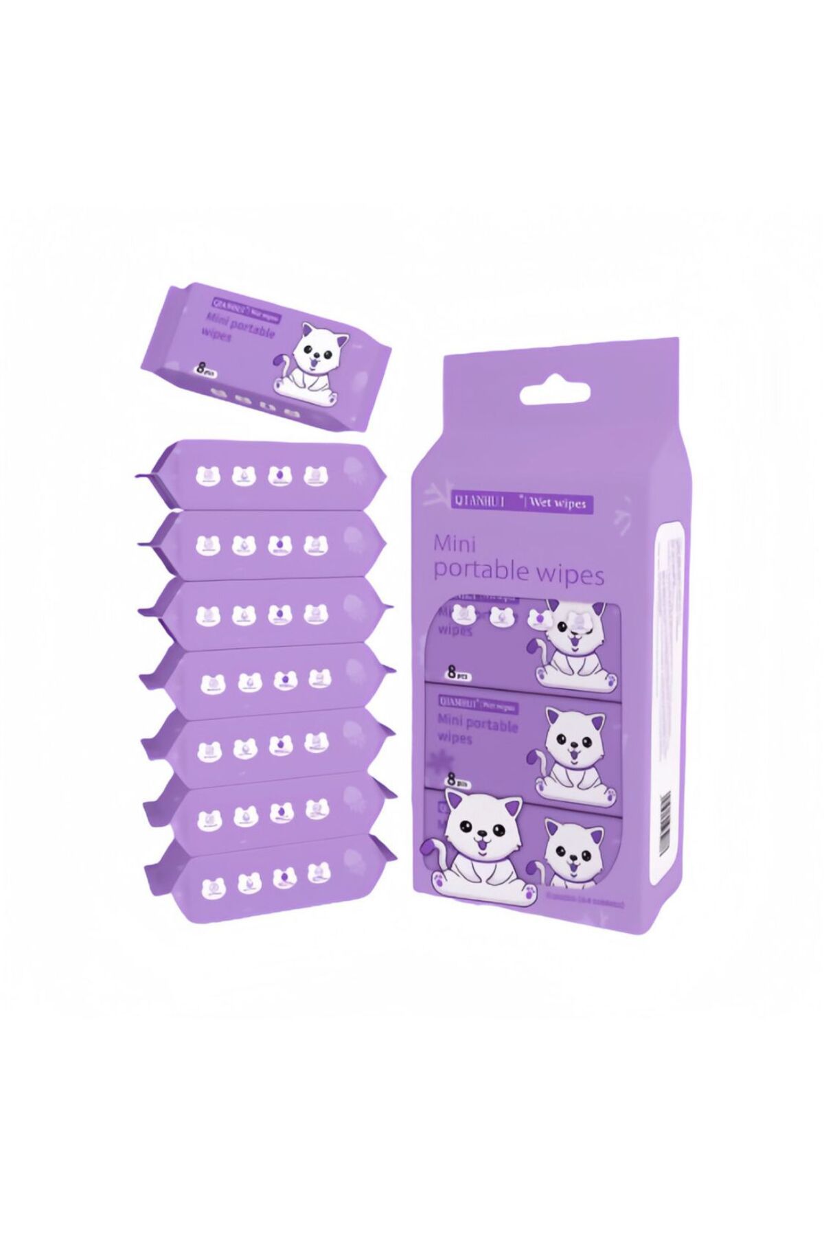 Saten Mini Paket Sevimli Tasarımlı Islak Mendil (64’lü - 8 Paket x 8 Yaprak)
