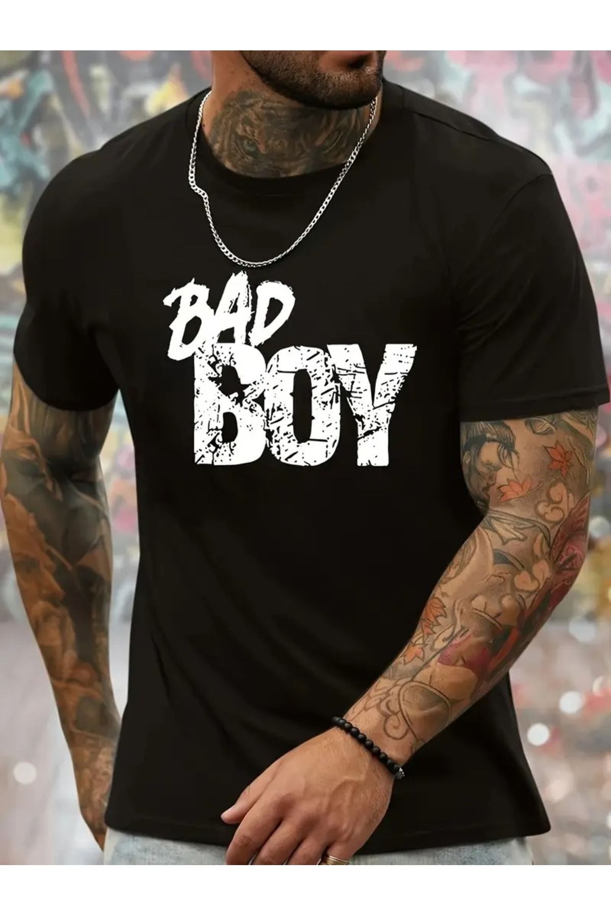 LAND MODA Erkekler için "Bad Boy" Grafikli Tişört - Rahat Pamuk Karışımı, Esnek Kısa Kollu Yazlık Tişört