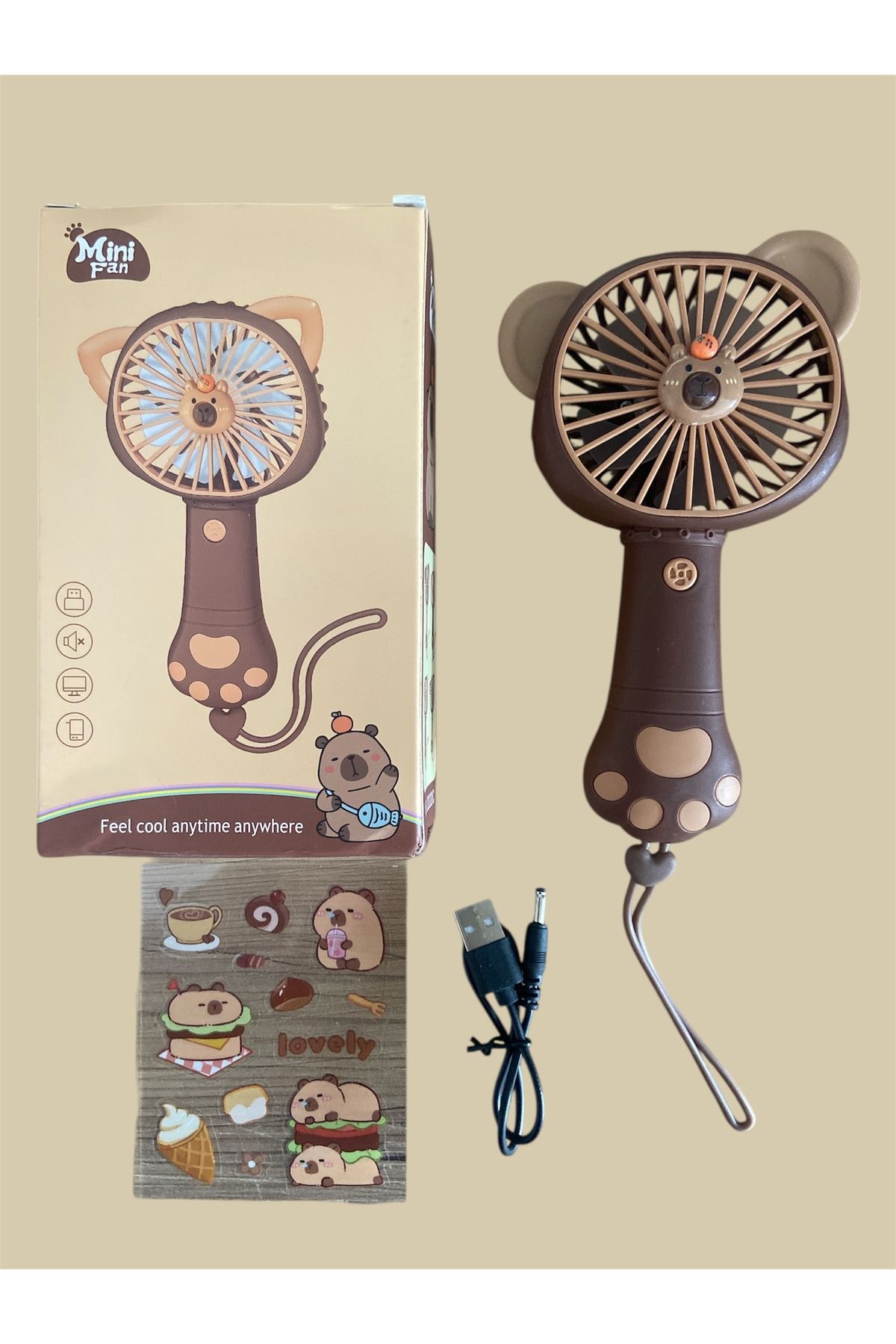synshop Capybara Kapibara Şarjlı Etiket Stickerlı Usb Mini El Fanı Vantilatör Soğutucu Y2k Kpop Hediye