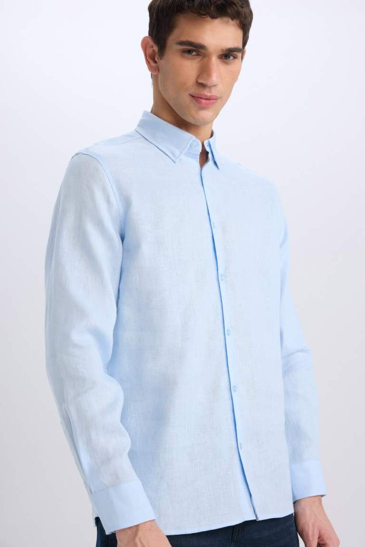 DeFacto Yeni Sezon Regular Fit Polo Yaka Yazlık Keten Basic Düz Uzun Kollu Gömlek