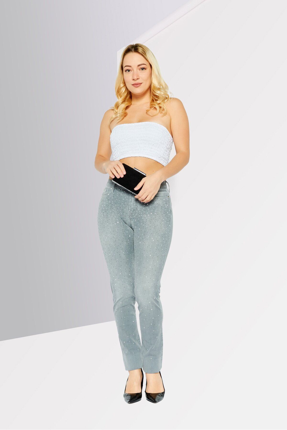 Karl Lagerfeld-Women Skinny Fit High Waist Embellished Denim, Grey 3