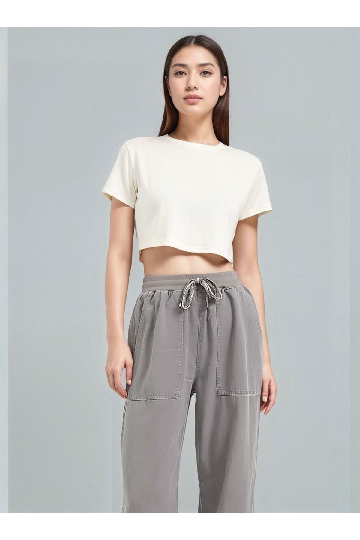 VNYA collection Kadın Bel Lastikli Baggy Fit Haki Palazzo Pantolon