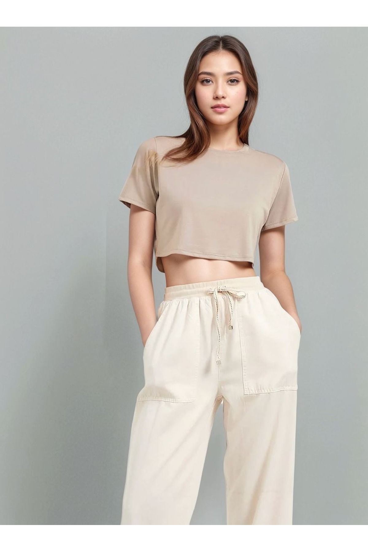 VNYA collection Kadın Bel Lastikli Baggy Fit Haki Palazzo Pantolon