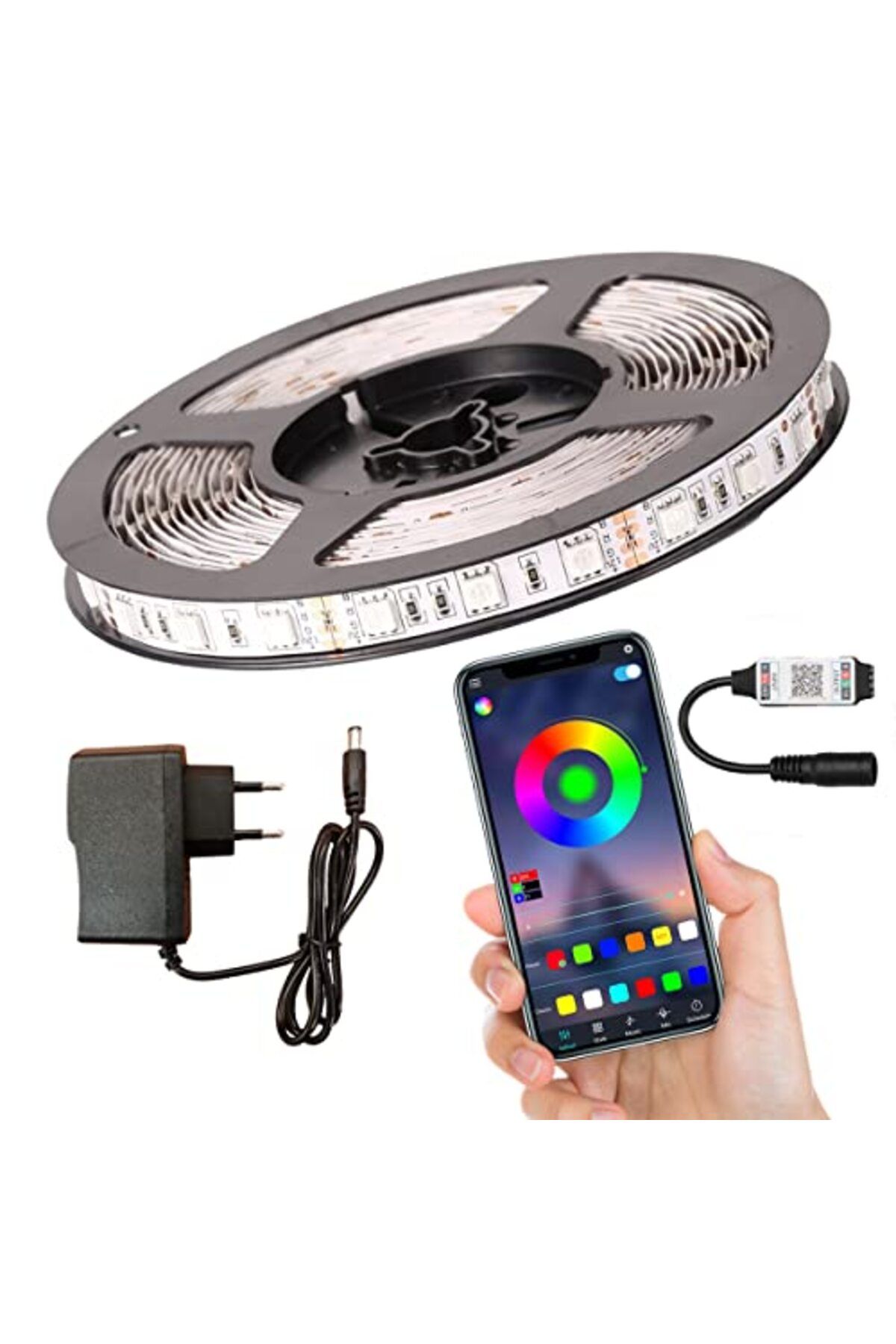 ShopZum Rgb Şerit Led Set Tak Çalıştır Bluetoothlu Ve Müziğe Duyarlı 5050 İç Mekan Silikonsuz (3 Metre)