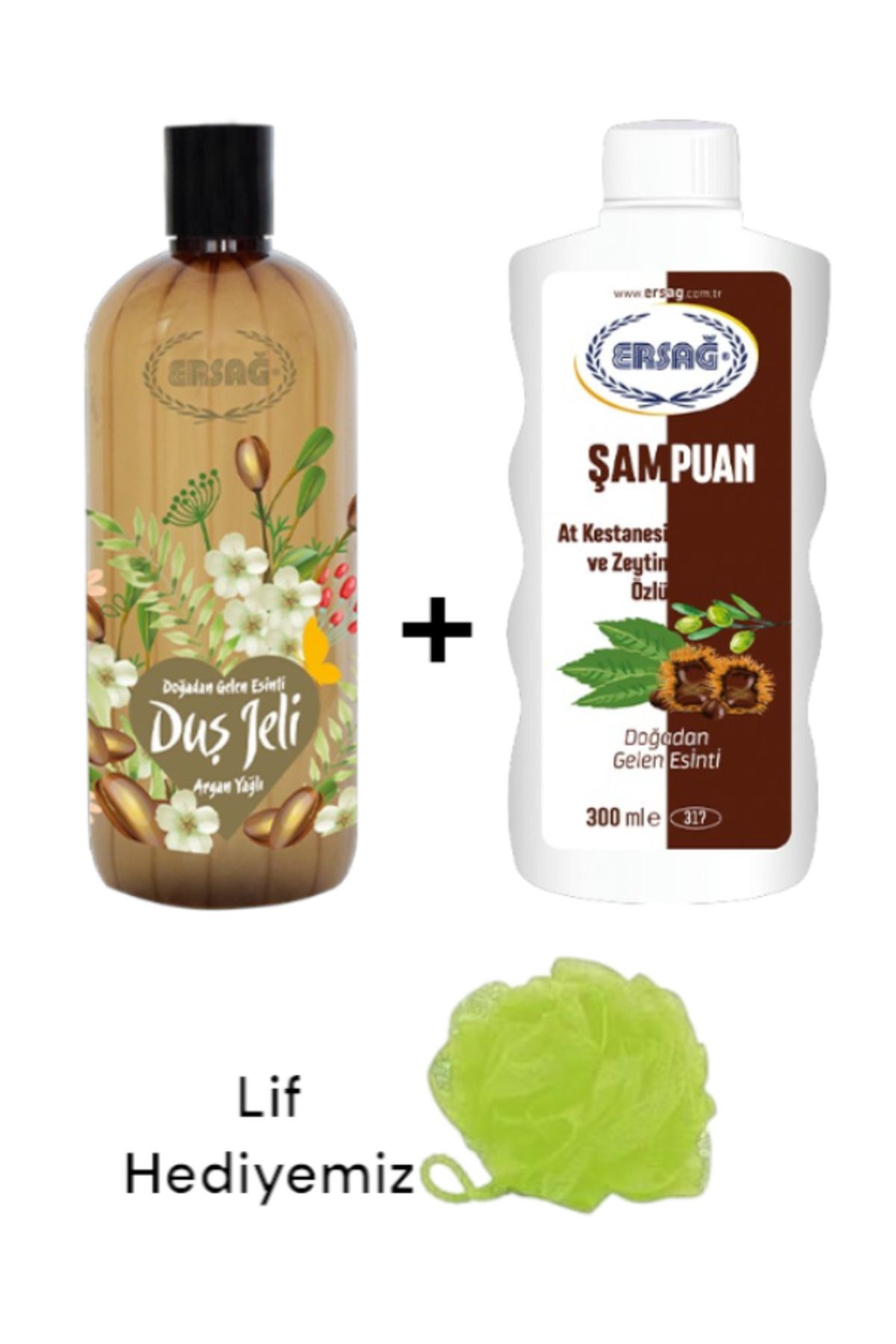 Ersağ At Kestanesi ve Zeytin Özlü Şampuan 300ML+ Argan Yağlı Duş Jeli 500ML - ( Lif Hediye'li ) 317-31