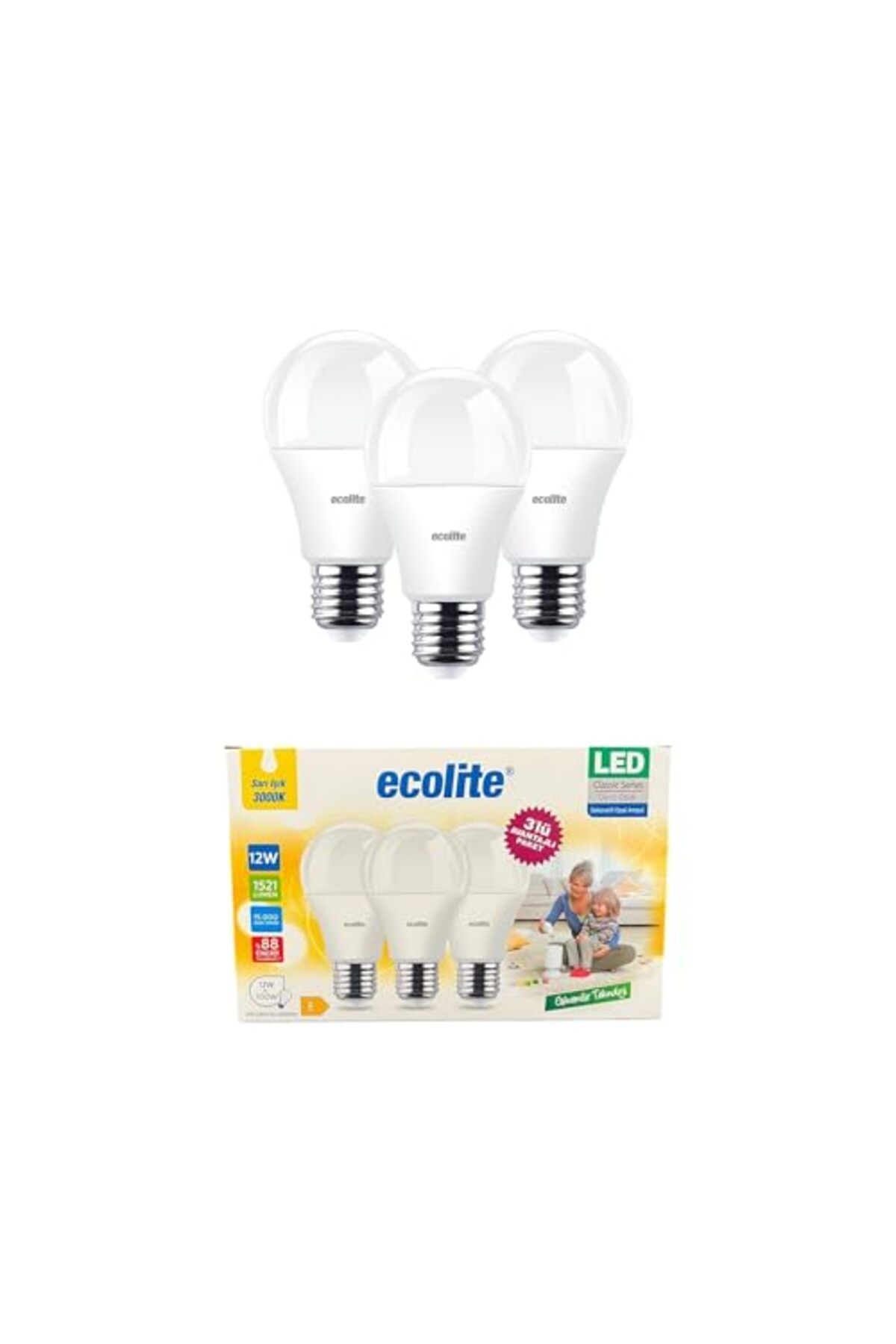 ShopZum Ecolite 12W Led Ampul 3&Apos;Lü Paket – 1521 Lümen, 100W Eşdeğer, E27 Duy, 3000K Sarı Işık, Opal Ca