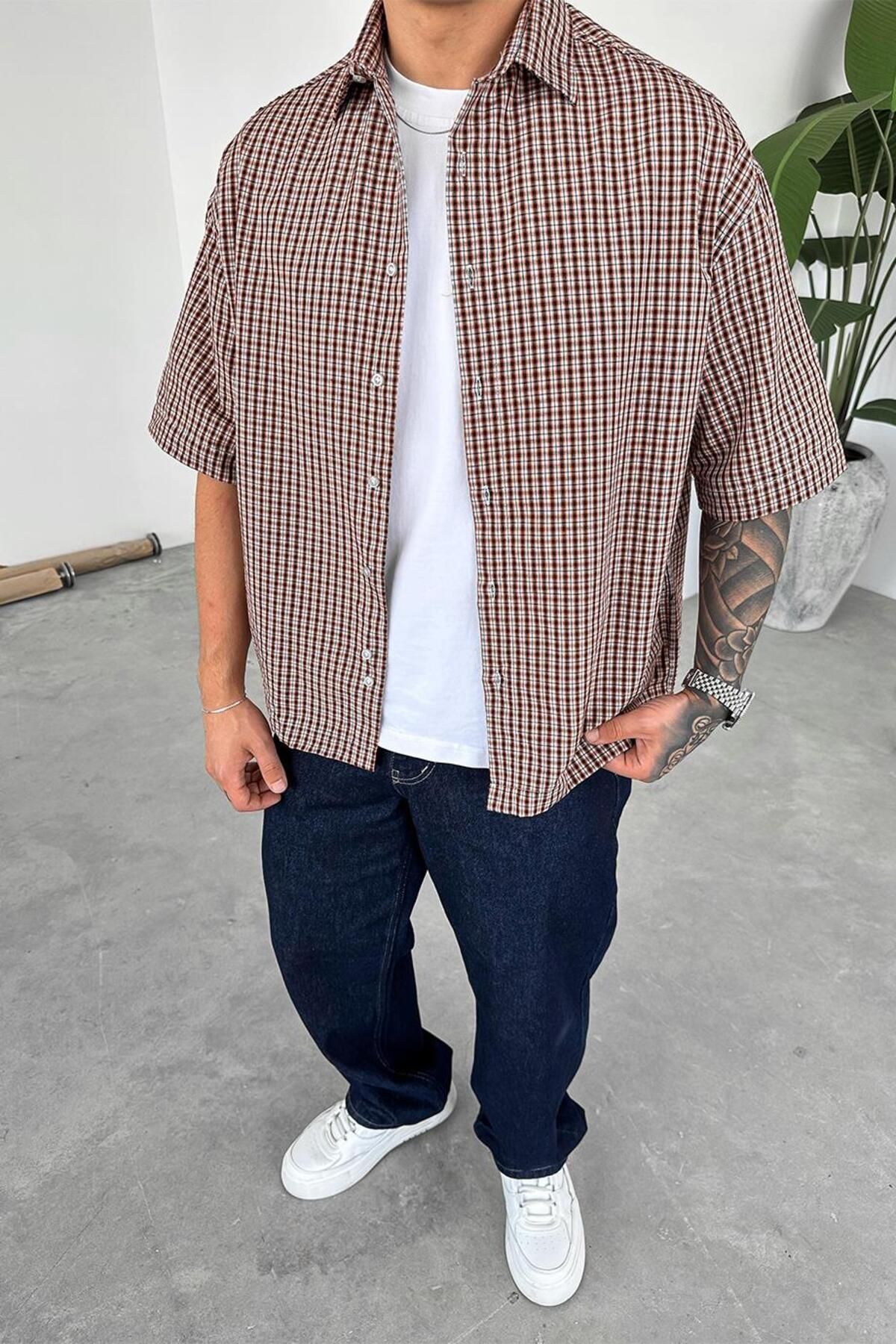 HAFKAGİYİM Kırmızı Ekose Desenli Oversize Gömlek