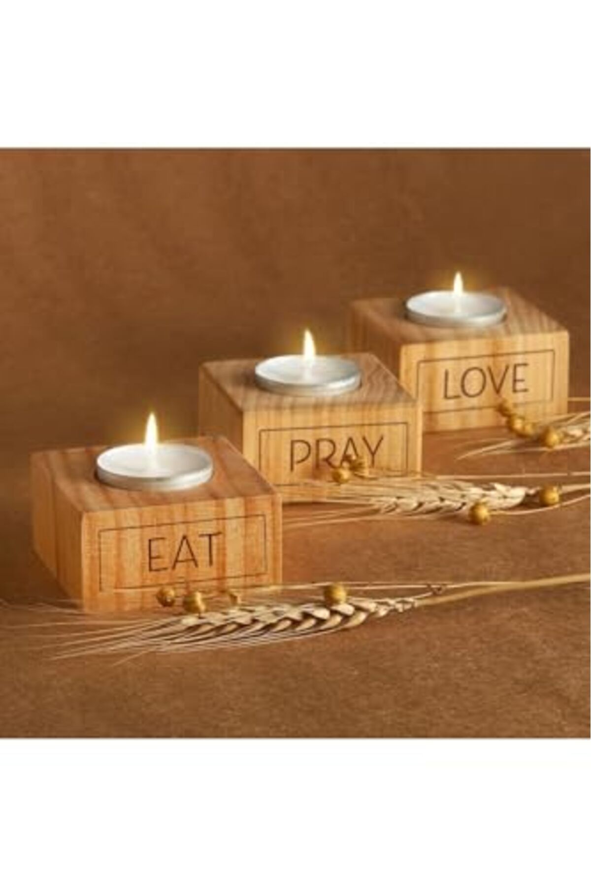ShopZum Hediyesepeti Eat | Pray | Love Motto Tasarımlı 3lü Ahşap Mum Seti