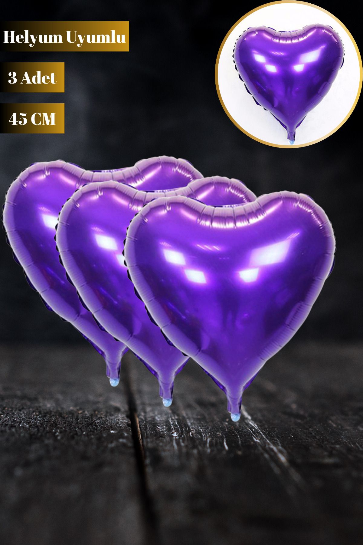 Hane Dostu 3 Adet 45 CM Dekoratif Kalp Tasarım Helyum Uyumlu Mor Renk Folyo Balon