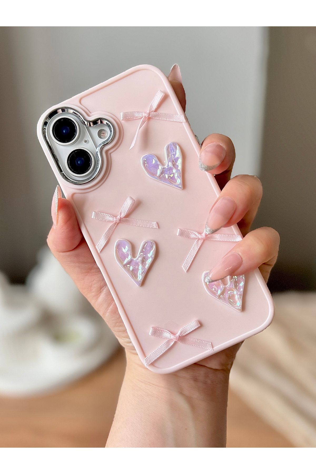 MirazTasarim IPHONE 16 PLUS 3D FİYONK/KALP DEKORLU PEMBE KILIF