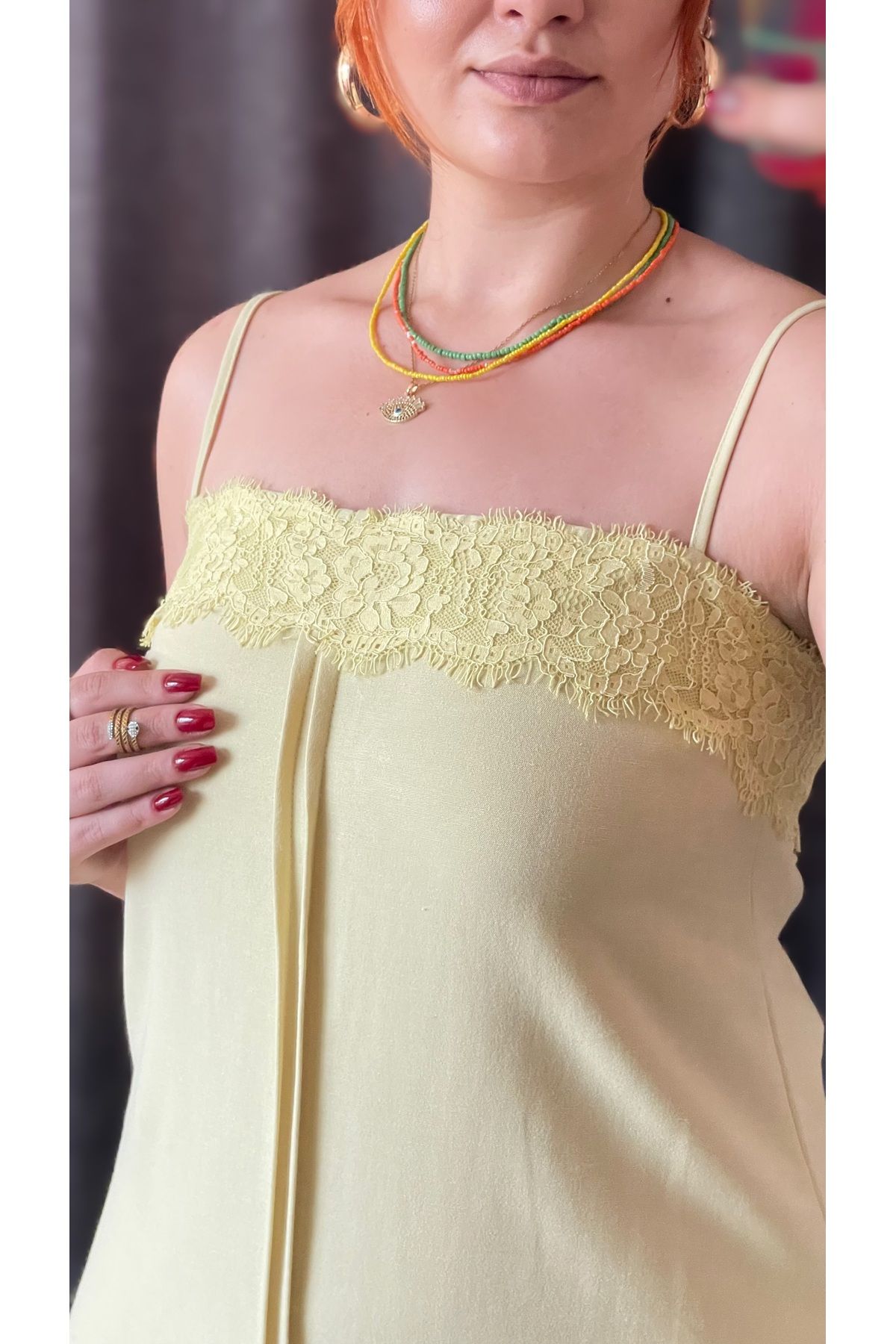 Tumtum Wear Dantel detaylı ayarlanabilir askılı keten elbise