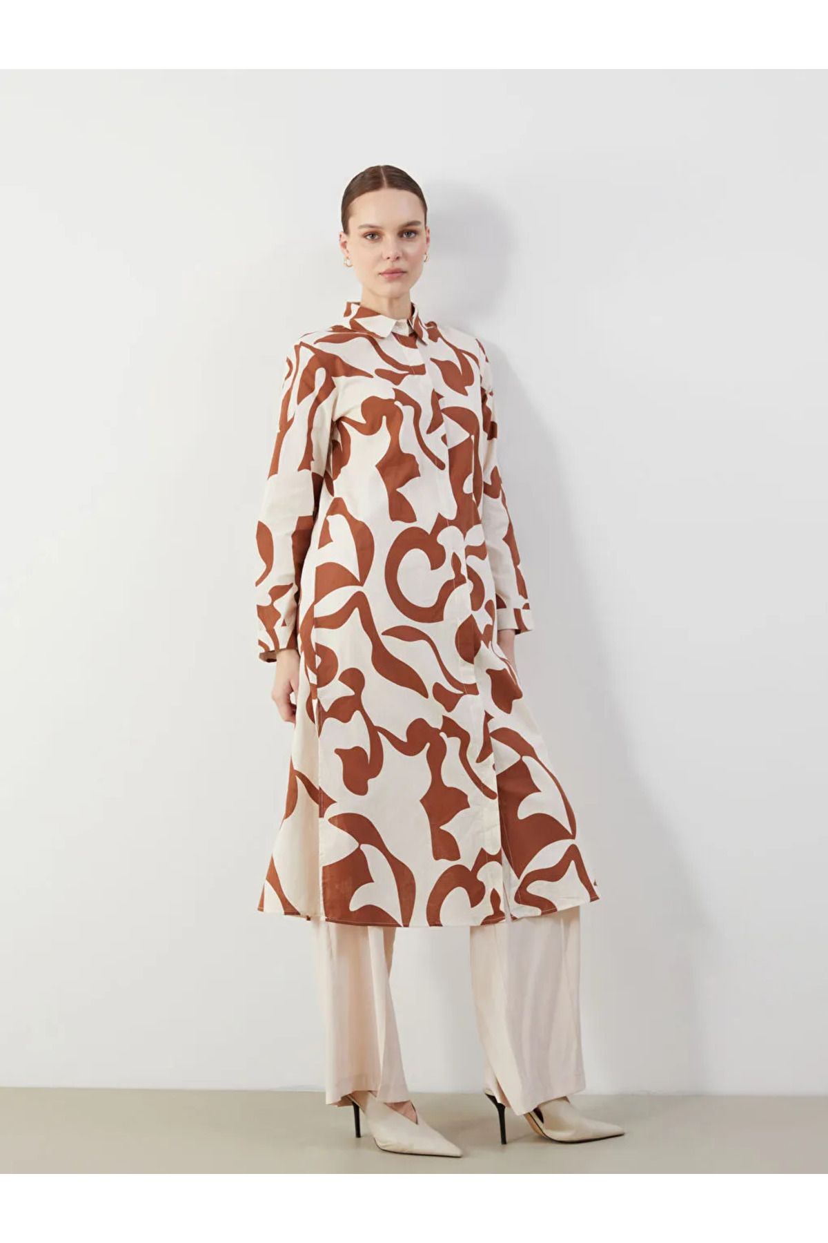 LC Waikiki LCW Modest Kahverengi Desenli Kadın Gömlek Tunik