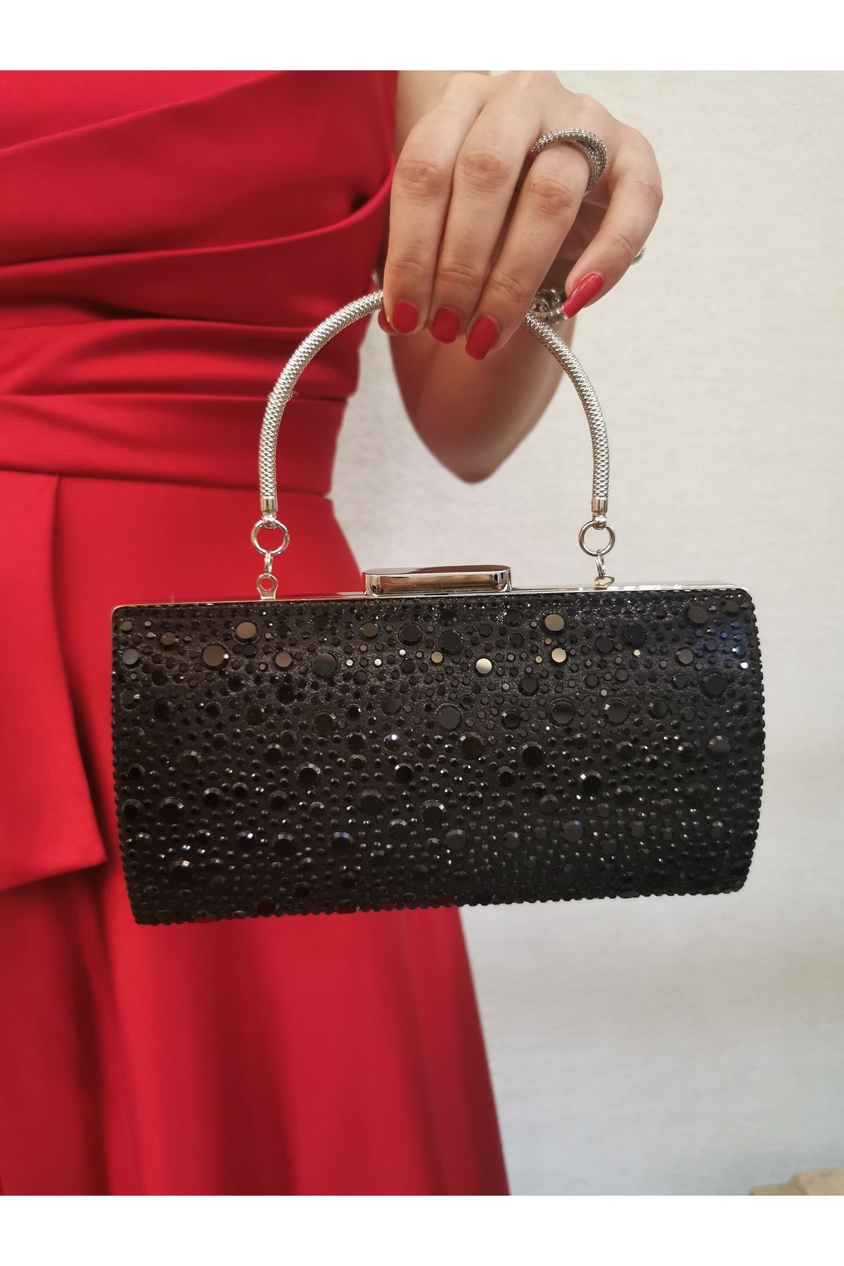 NAZART Kadın Taşlı Siyah Abiye Clutch Zincir Askılı El Düğün Nişan Gece Omuz Çantası