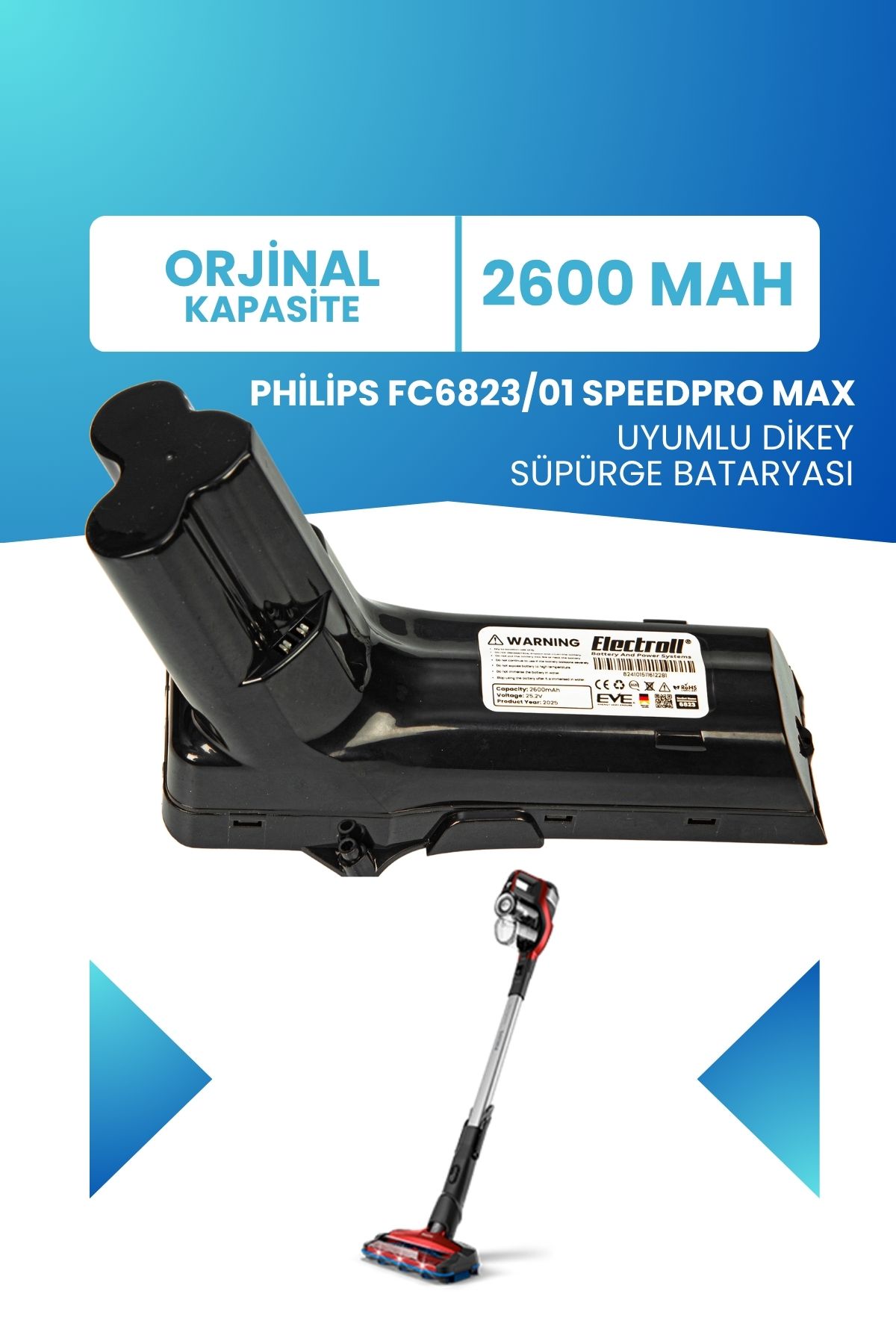 ELECTROLL Philips FC6823/01 SpeedPro Max Uyumlu Batarya 25.2 V 2600mah Pil Şarjlı Dikey Süpürge Bataryası
