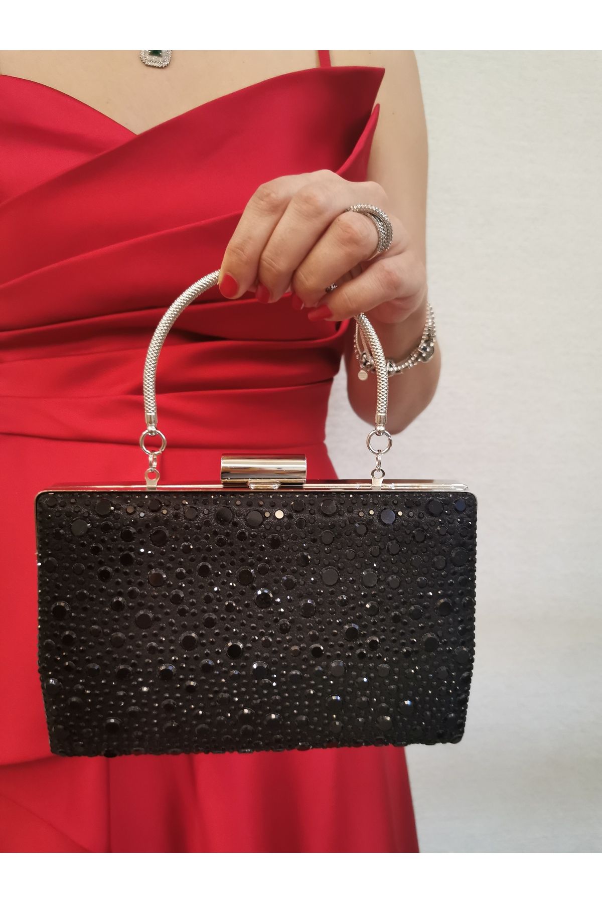 NAZART Kadın Taşlı Siyah Abiye Clutch Zincir Askılı El Düğün Nişan Gece Omuz Çantası