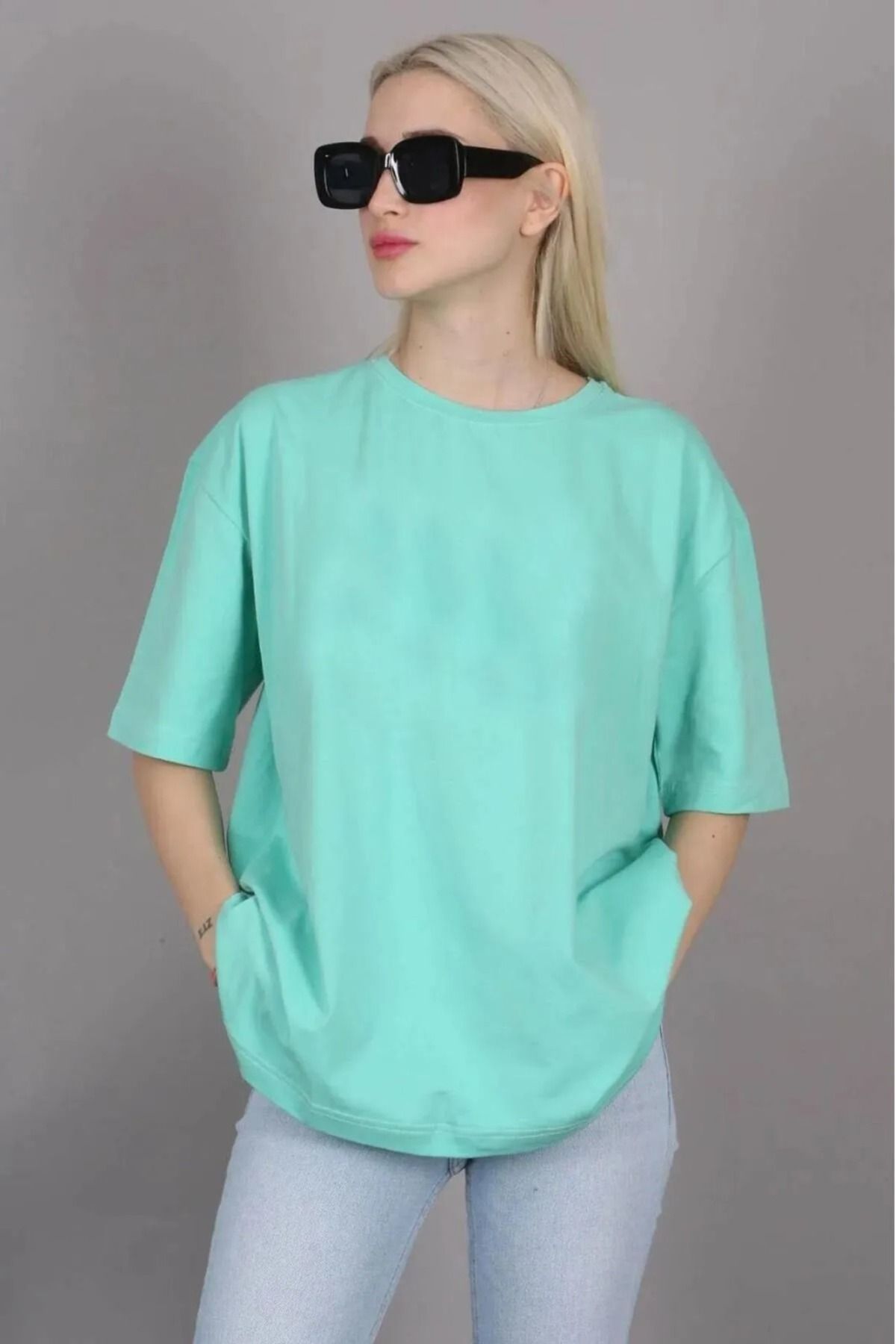 Cotton Candy Süper Kalite Kadın %100 Pamuk Mint Bisiklet Yaka Oversize Boyfriend T-shirt
