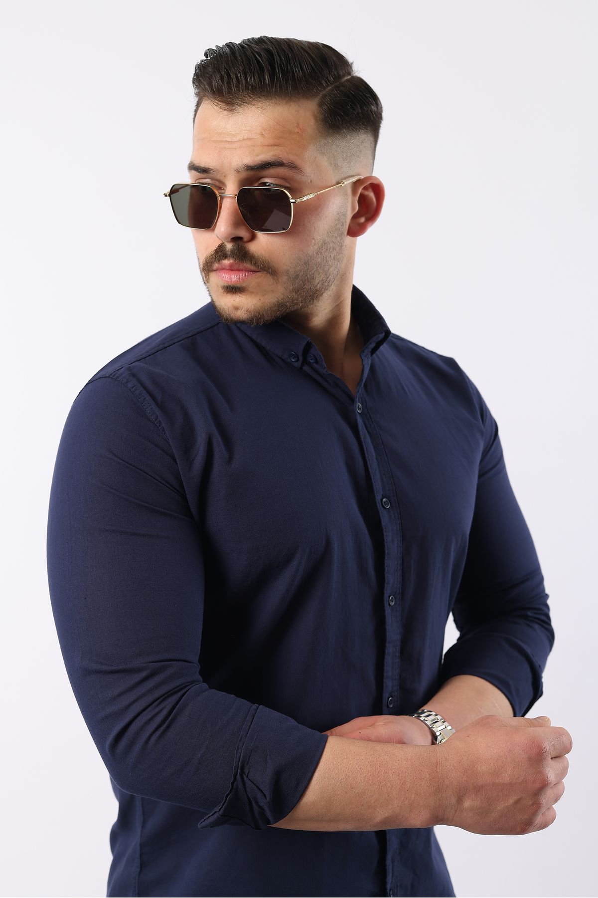 Artı1 Yazlık Erkek Slim Fit Dar Kesim Uzun Kollu %100 Pamuk Keten Doku Dügmeli Yaka Gömlek