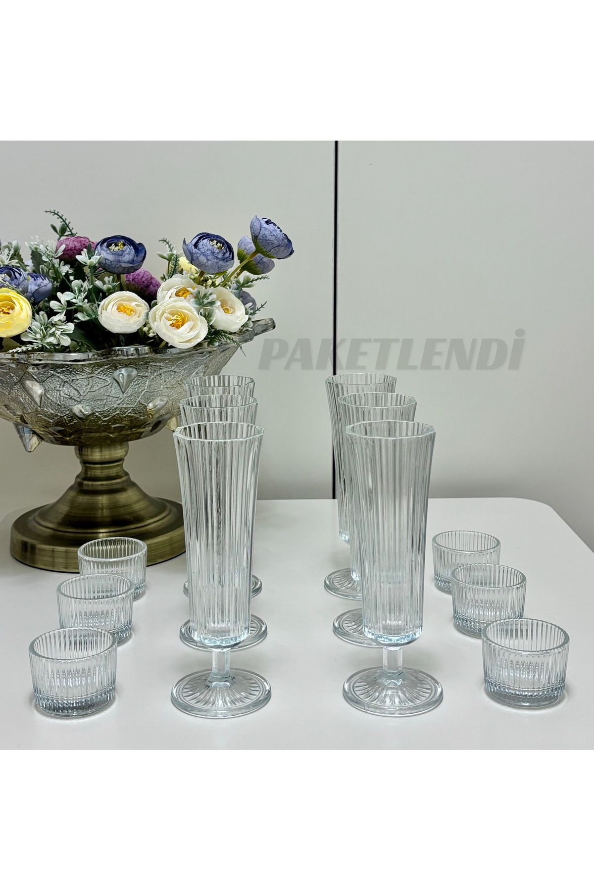 PAKETLENDİ El Yapımı 12 Parça Valeria Çizgili Kahve Yanı Flüt Bardak Seti 140ml