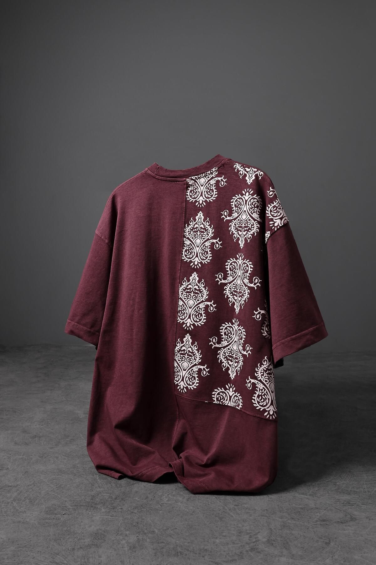 Slatra Erkek Bordo Paisley Özel Yıkamalı Kumaş Oversize Tshirt