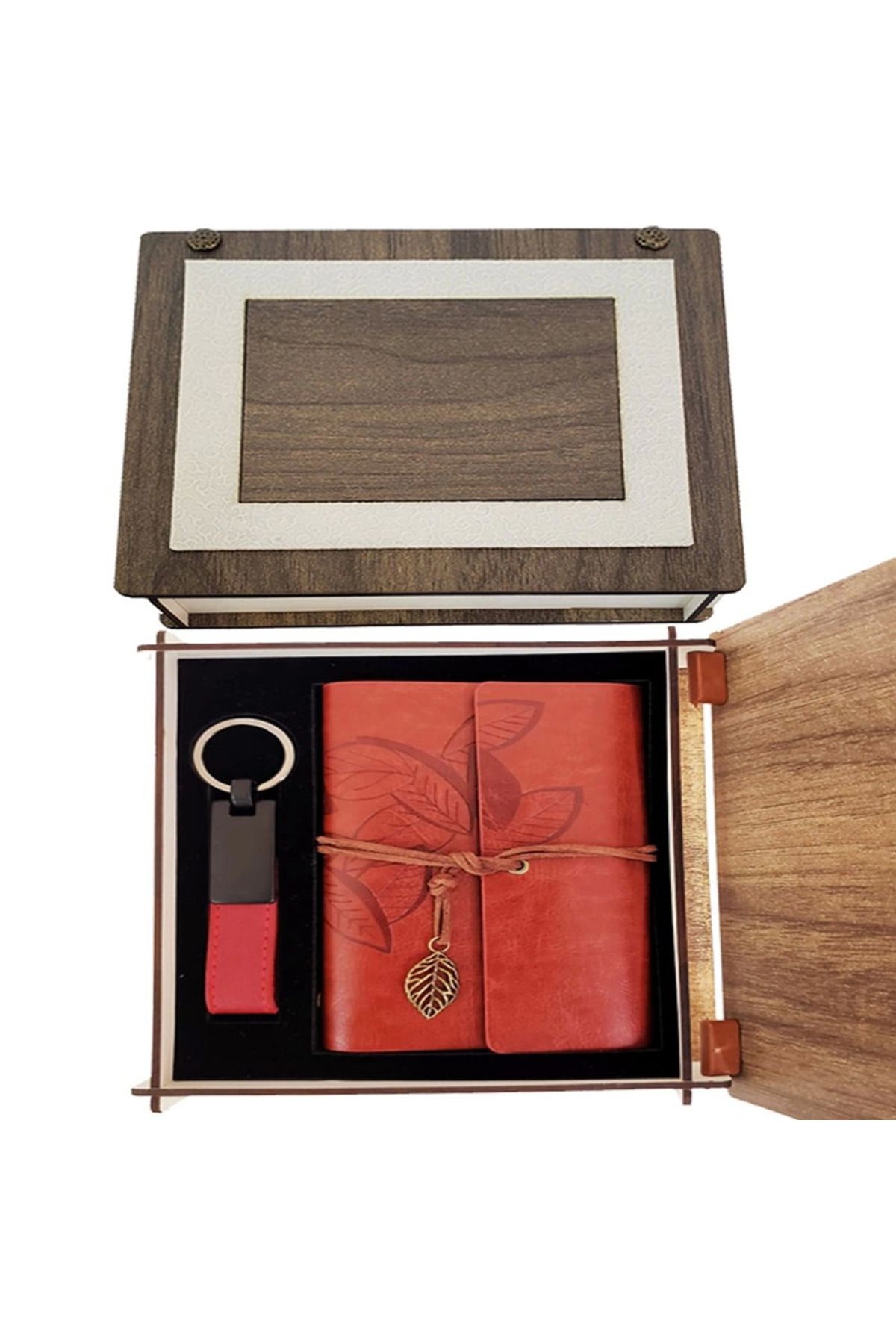 costurera Özel Ahşap Kutulu Kiremit Rengi Deri Defter ve Anahtarlık Set