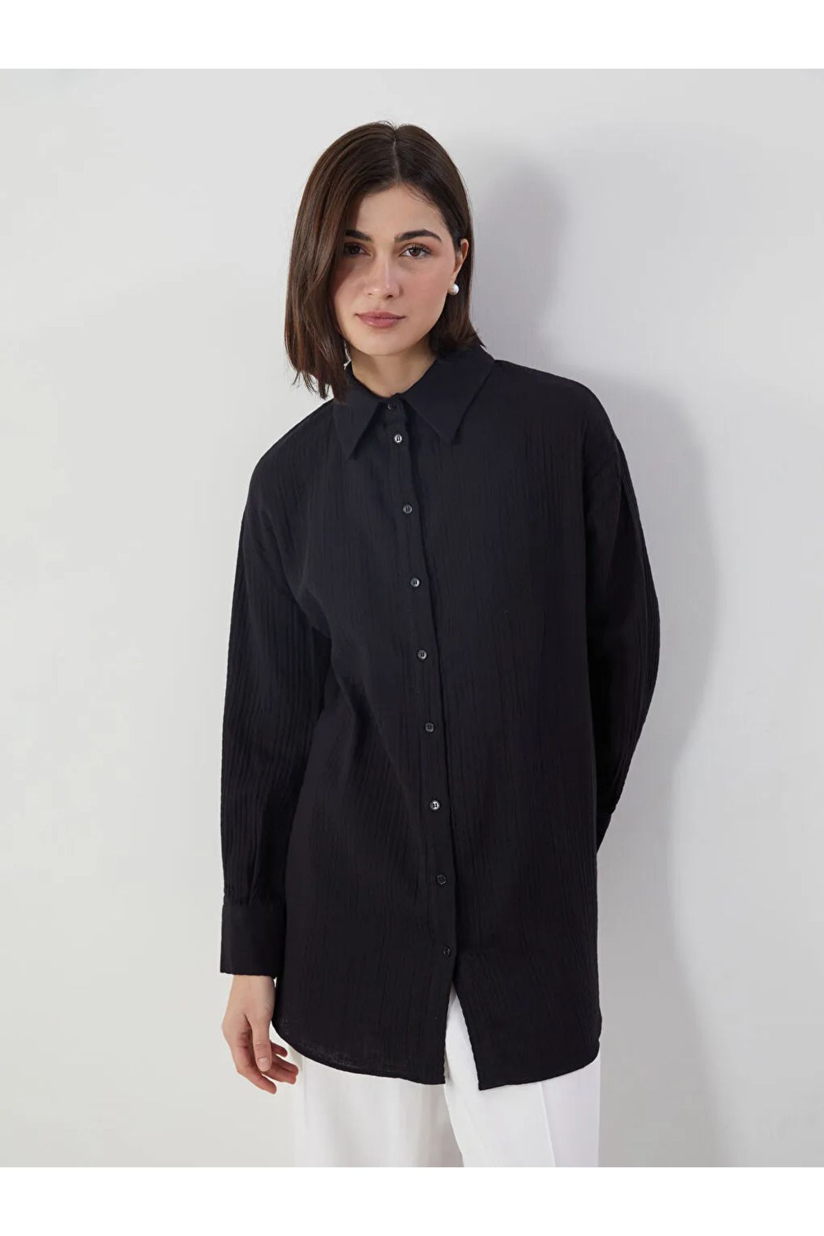 LC Waikiki LCW Modest Siyah Dokulu Oversize Kadın Gömlek Tunik