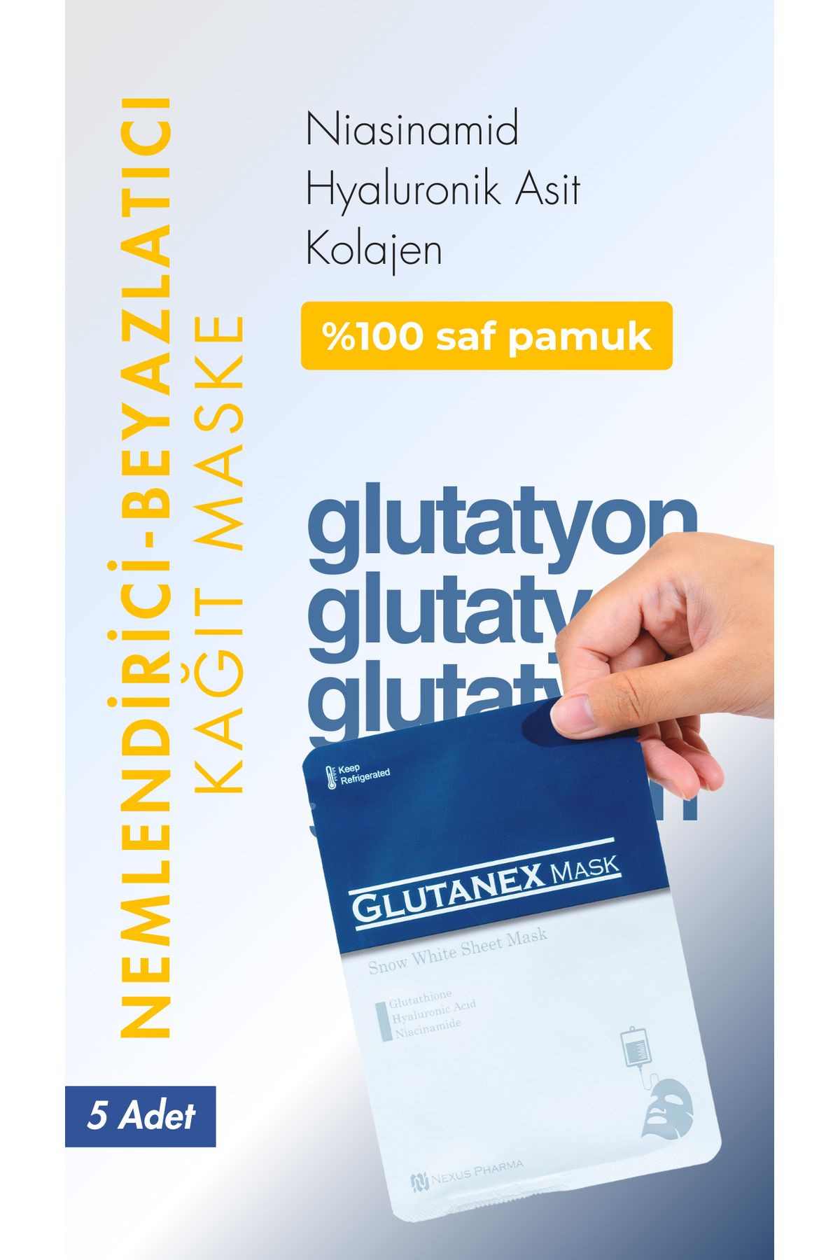 ماسک کره ای صورت 5 تکه ماسک سفید کننده و مرطوب کننده کاغذ نیاسینامید گلوتاتیون GLUTANEX