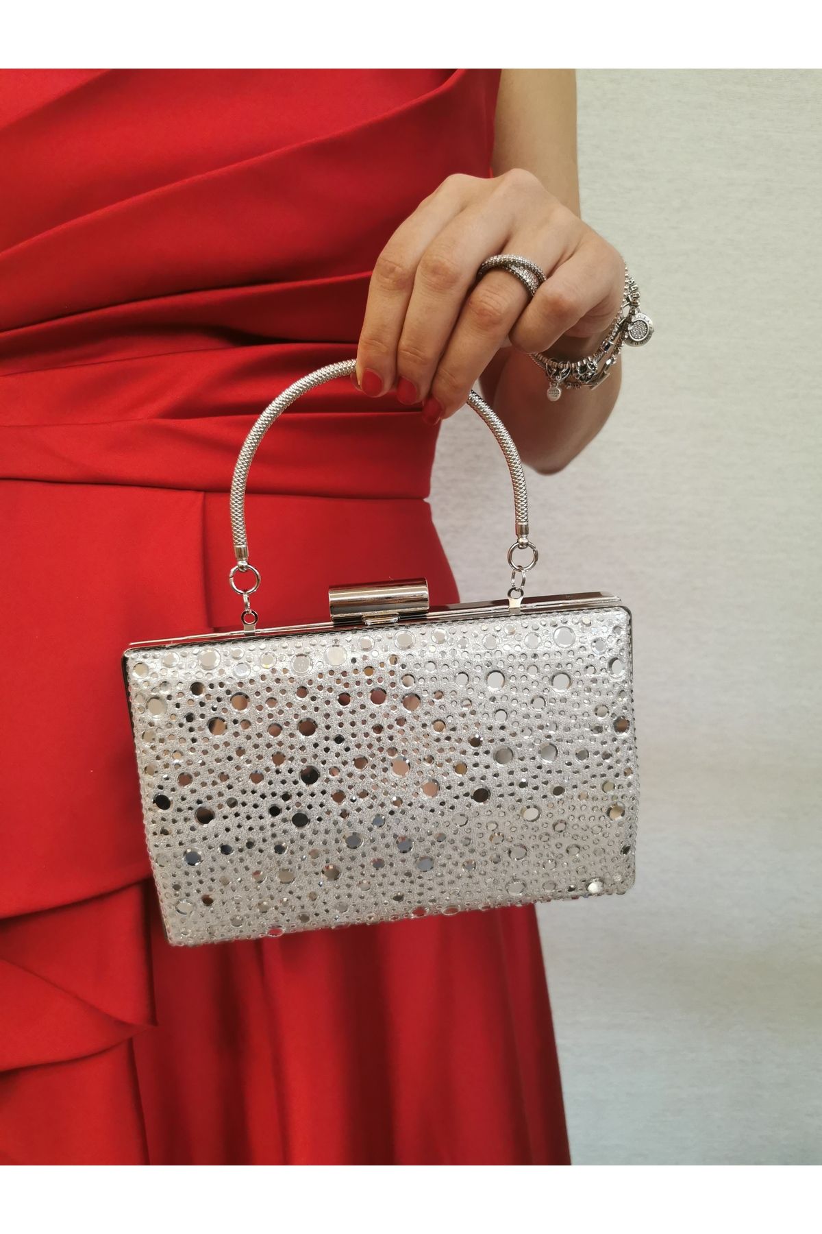NAZART Kadın Taşlı Gümüş Abiye Clutch Zincir Askılı El Düğün Nişan Gece Omuz Çantası