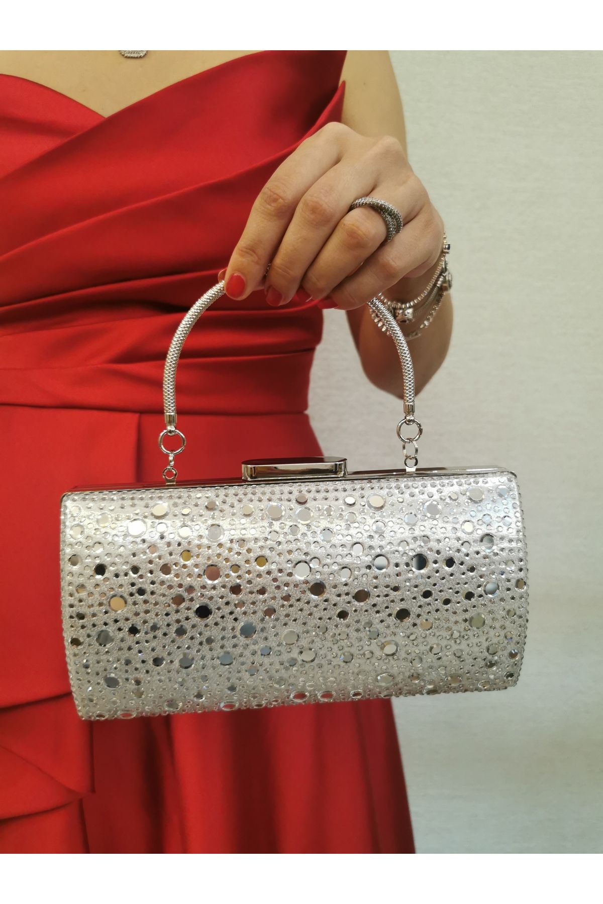 NAZART Kadın Taşlı Gümüş Abiye Clutch Zincir Askılı El Düğün Nişan Gece Omuz Çantası