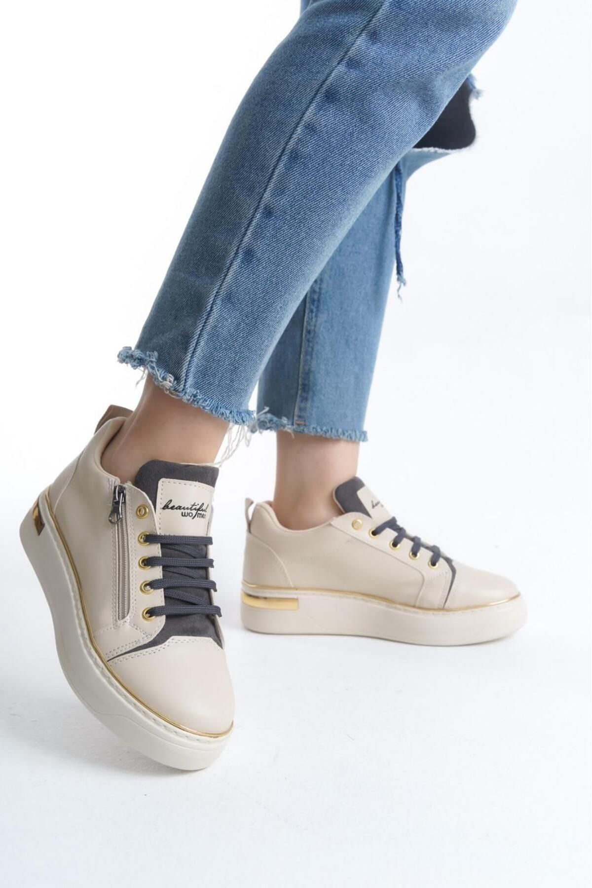 Flexter Kadın Spor Sneaker Ayakkabı Krem Gri-Ortopedik Taban-Bağcıklı Fermuarlı