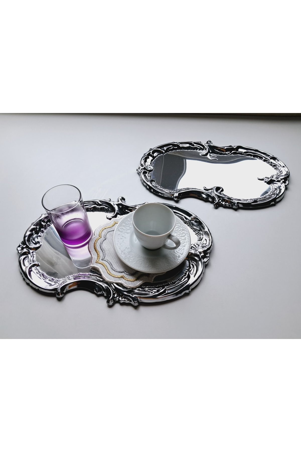 Elk Home 2'Lİ PASLANMAZ ÇELİK ARTNOVA MODEL SERVİS VE SUNUM TEPSİSİ LÜX DANTEL DESEN