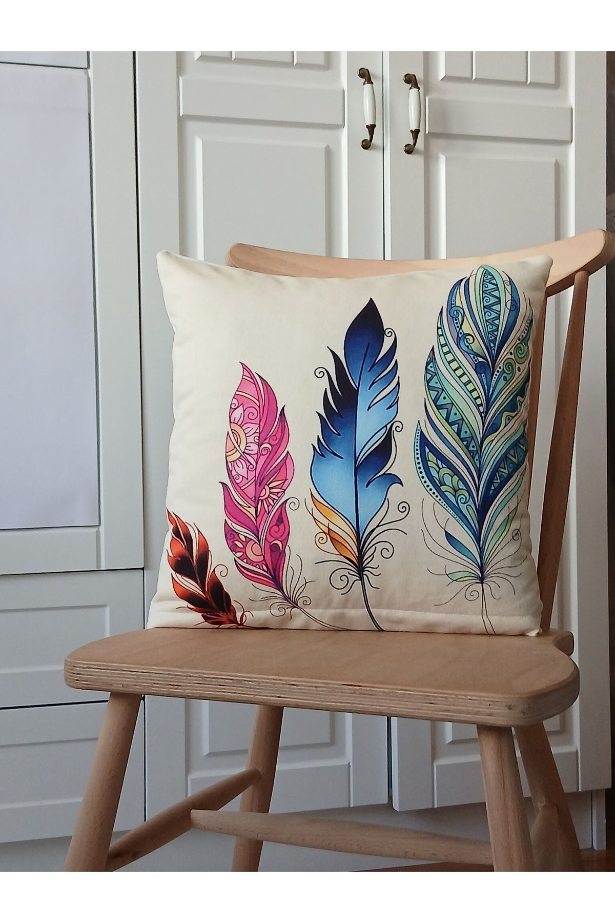 ARVA Home Keten Yapraklı kırlent Kılıfı Renkli Tüylü 43x43 cm
