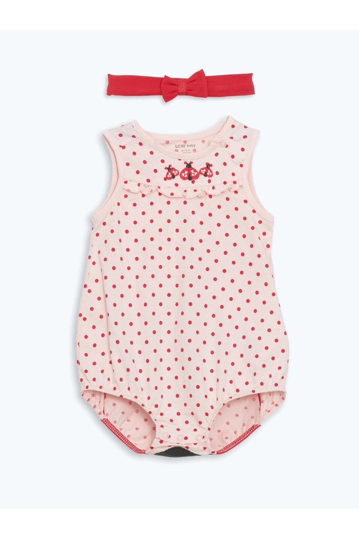 LC Waikiki LCW baby Pembe Uğur Böceği Baskılı Kız Bebek Çıtçıtlı Bodysuit ve Saç Bandı 2'li